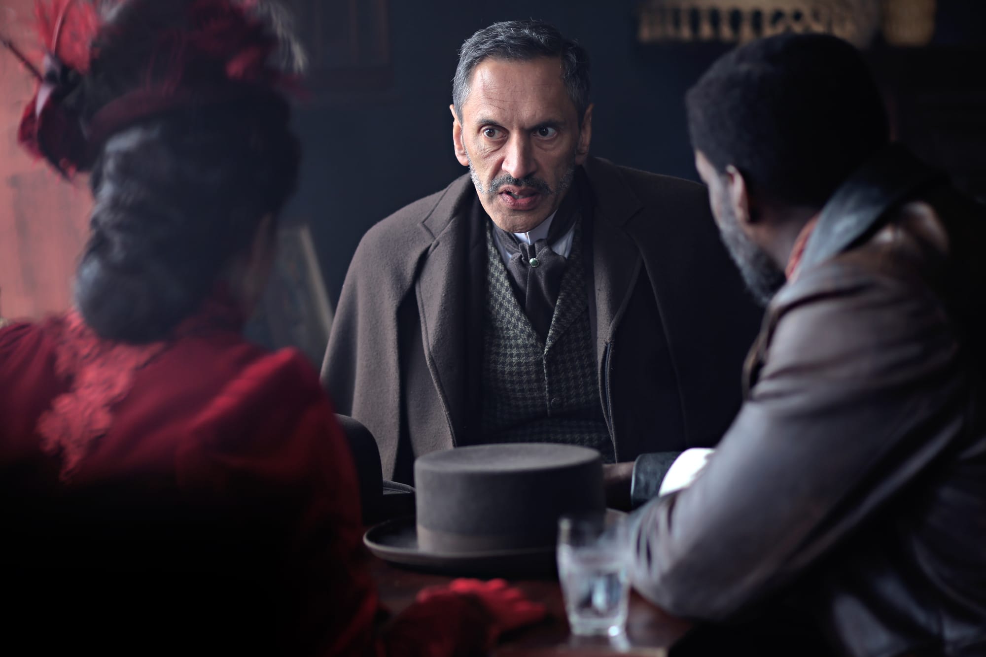 Cordelia Bugeja ,Paul Bazely, and Ansu Kabia) in "Miss Scarlet" Season 6