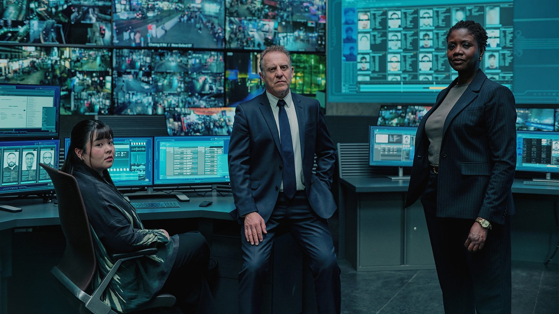 Tessa Wong as DC Chloe Tan, Nigel Lindsay as DSI Tom Kendricks, and Ginny Holder as DI Nadia Latif in 'The Capture' Season 3