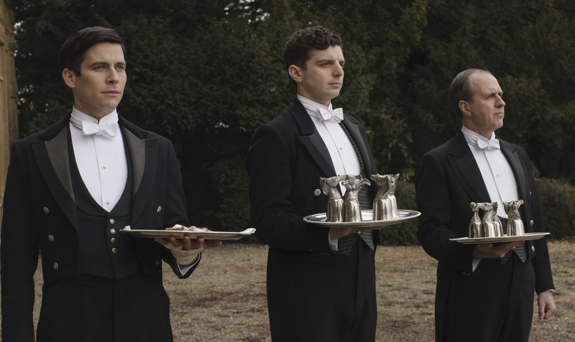 Downton's footmen, Joseph Molesley (Kevin Doyle),Thomas Barrow (Robert James-Collier), Andy (Michael Fox). 