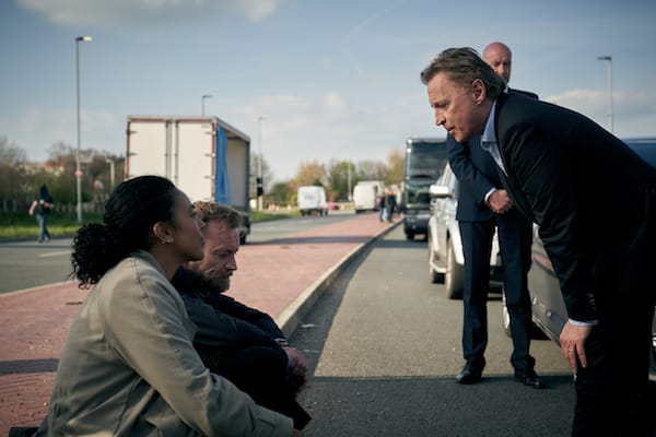 Robert Carlyle as PM Robert Sutherland, Richard Dormer as Fraser Walker, and Marsha Thomason as Francine Bridge in COBRA Season 1