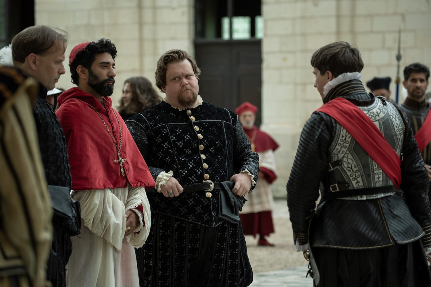 About to leave for war, Henri&nbsp;(Lee Ingleby) cautions troublemakers&nbsp;Antoine de Bourbon (Nicholas Burns), Charles Guise (Ray Panthaki), and Louis de Bourbon (Danny Kirrane).