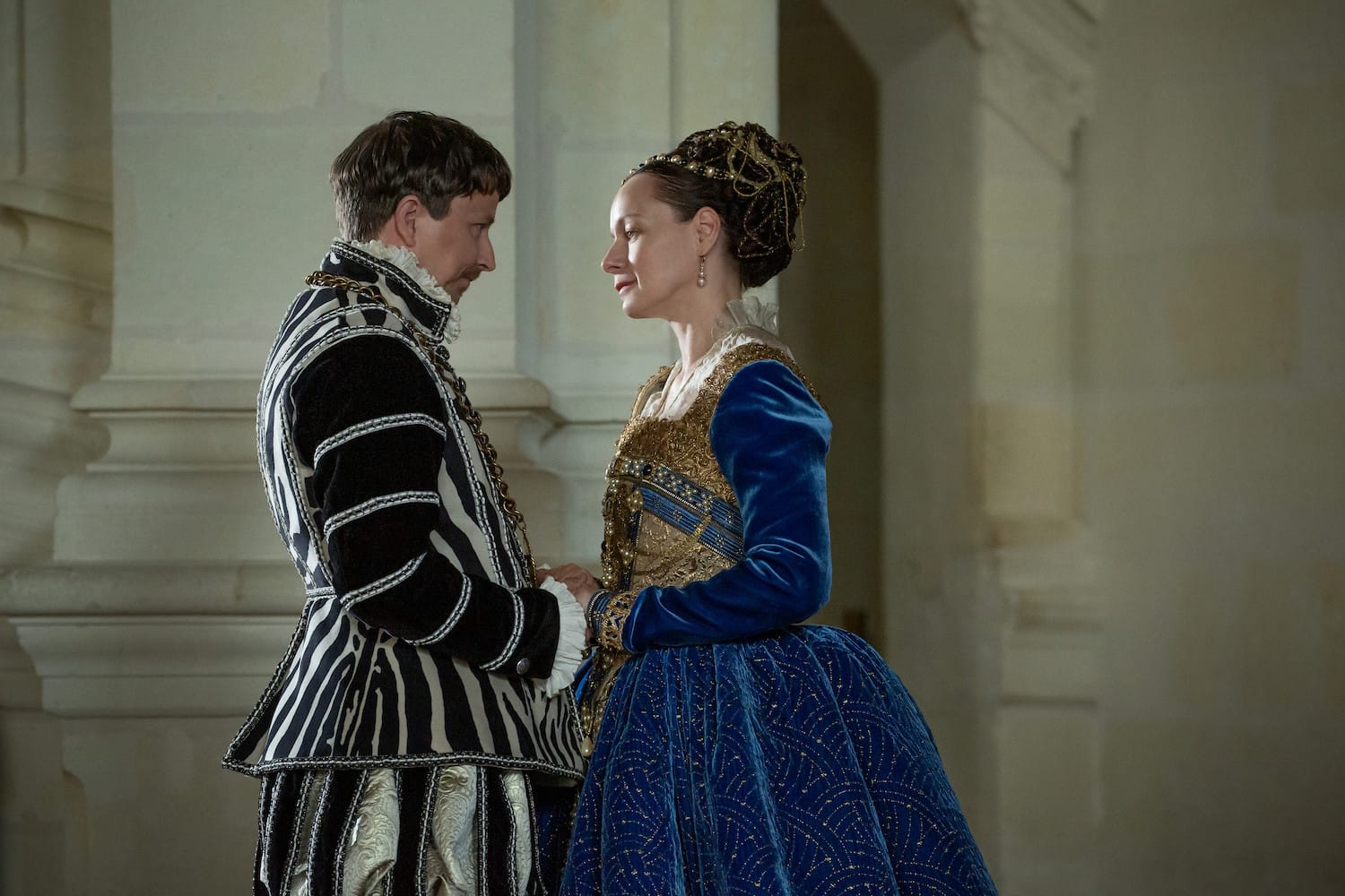 The new King (Lee Ingleby)&nbsp;and his Queen (Samantha Morton) share a moment before the coronation.