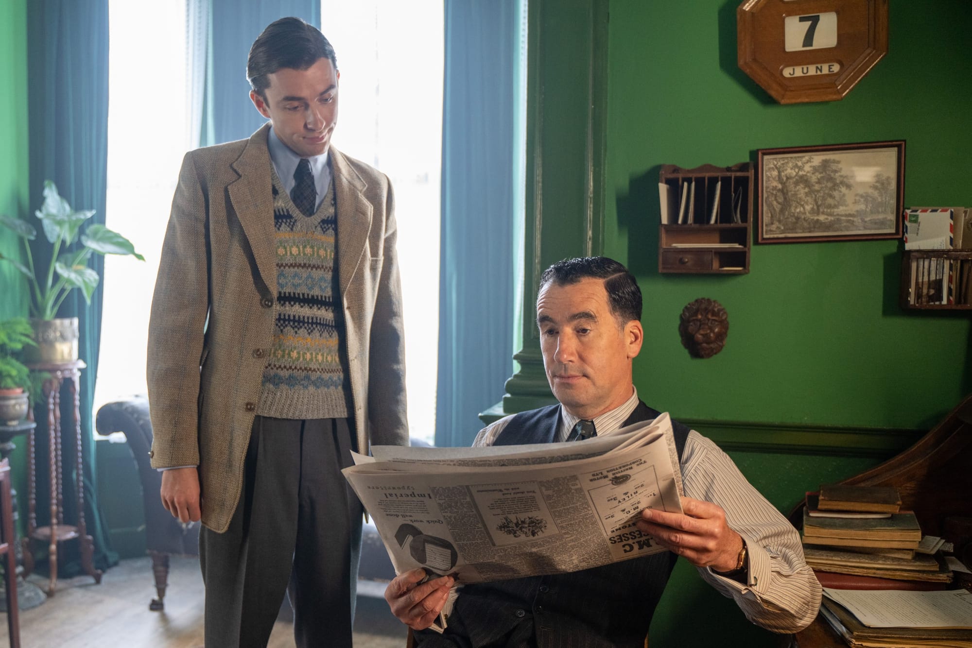 Tim McMullan as Atticus Pund and Matthew Beard as James Fraser in PBS' 'Magpie Murders'
