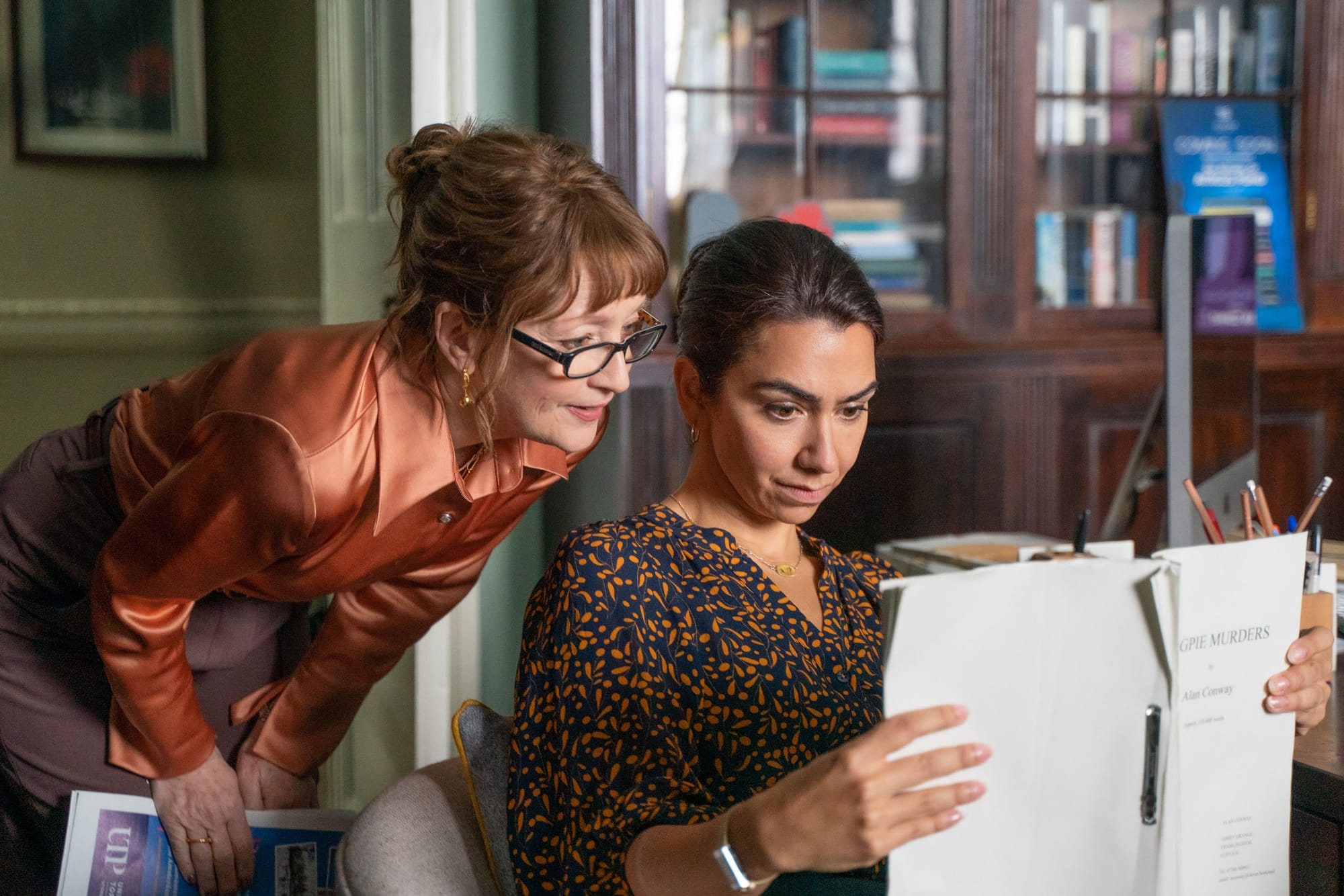 Lesley Manville as Susan Ryeland and Danielle Ryan as Alice in PBS' 'Magpie Murders'