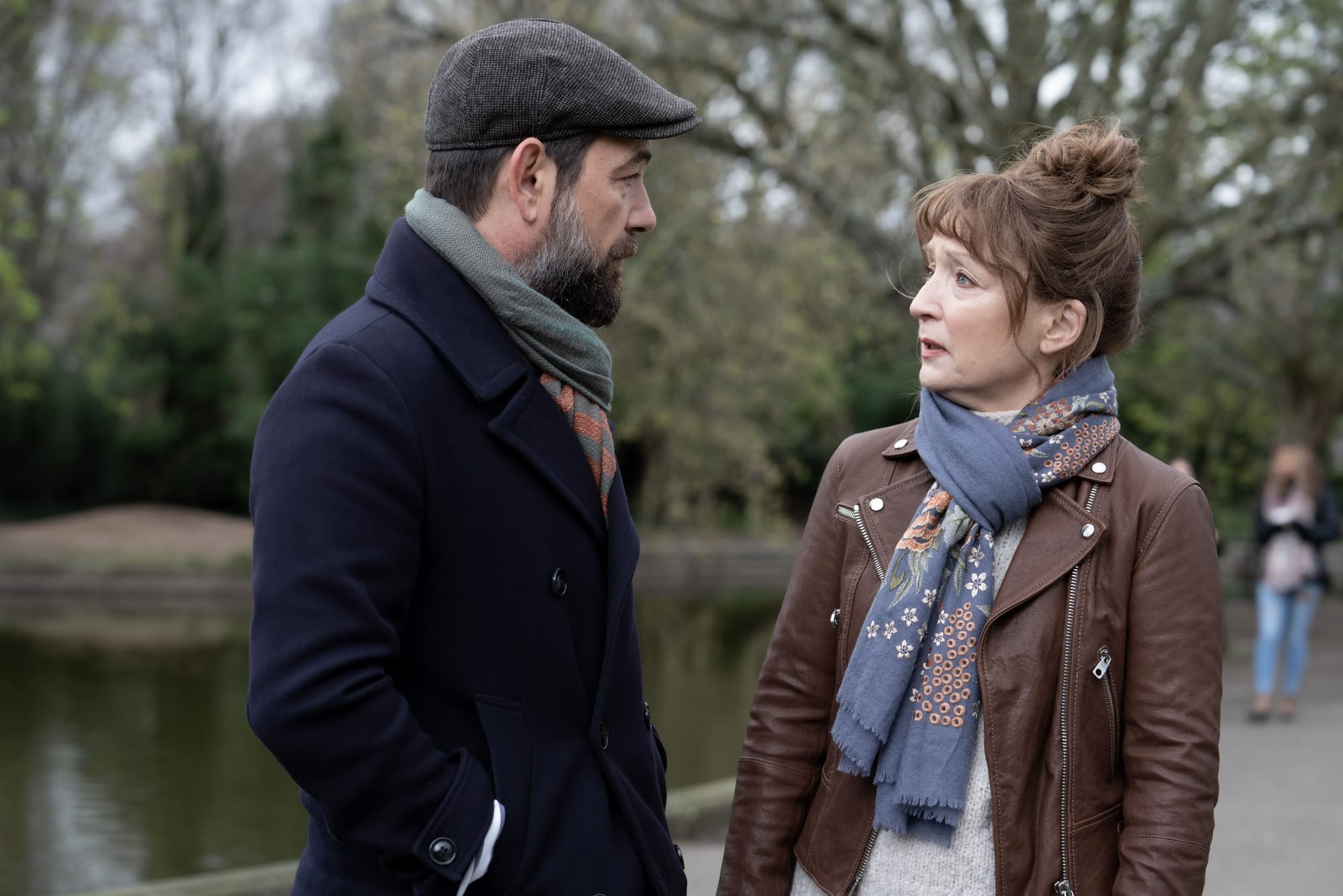 &nbsp;Alexandros Logothetis as Andreas Patakis and Lesley Manville as Susan Ryeland in 'Magpie Murders'