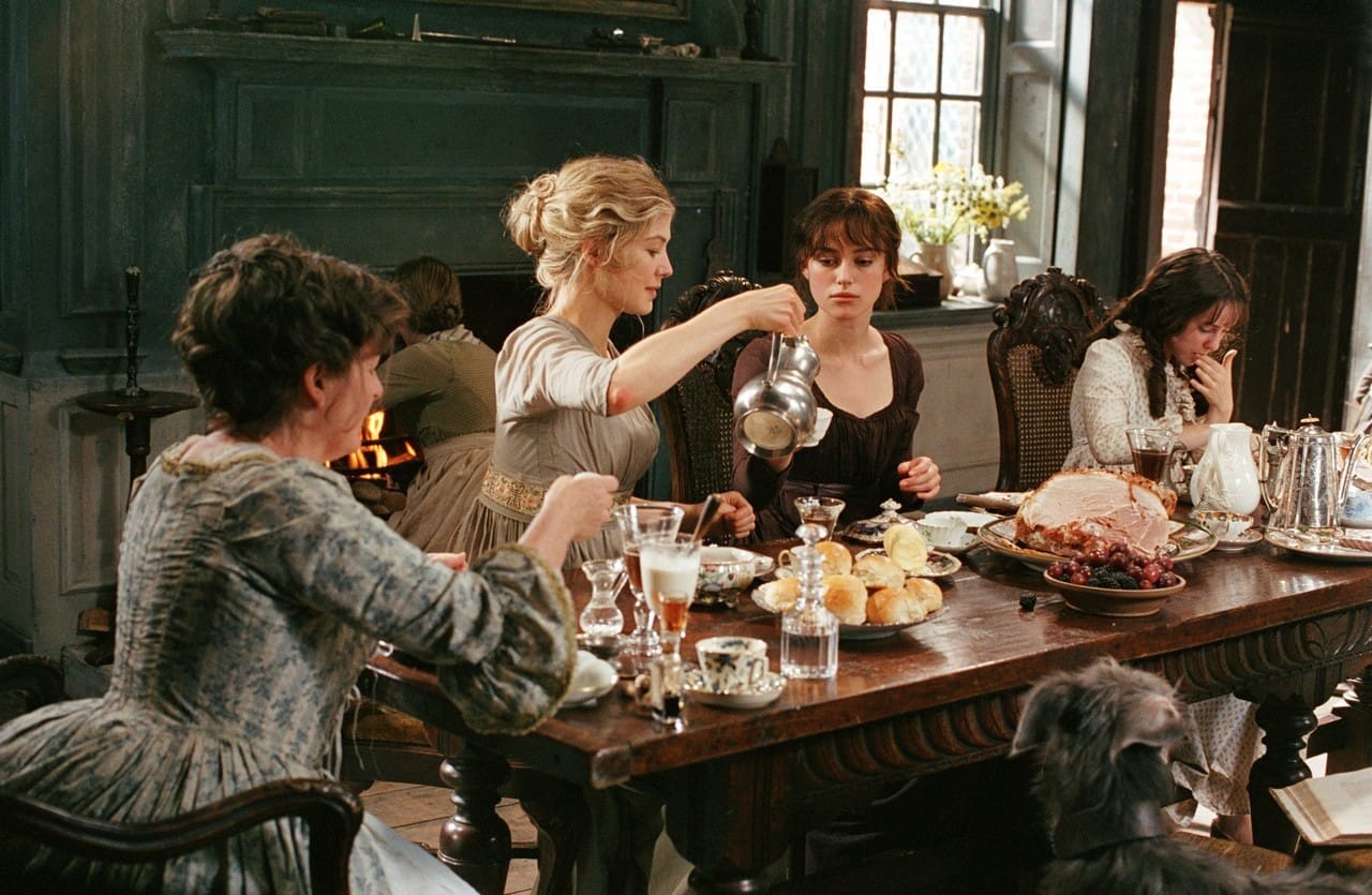 Breakfast with the Bennets, from the 2005 Pride and Prejudice. Brenda Blethyn Mrs. Bennet), Rosamund Pike (Jane), Keira Knightley (Elizabeth), Carey Mulligan (Kitty).