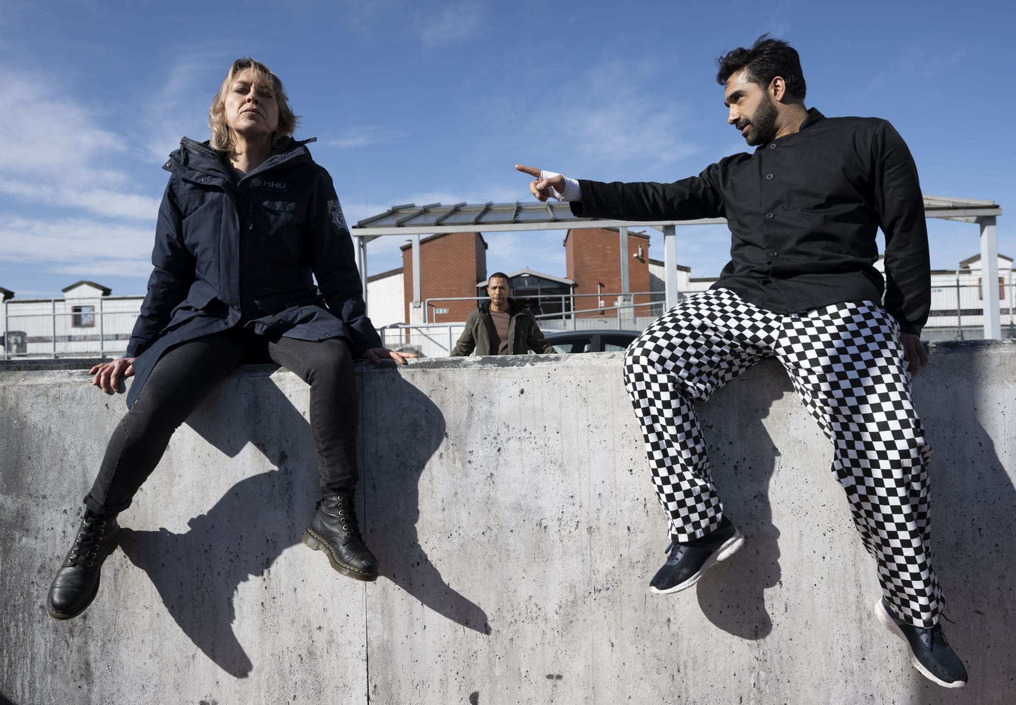 Nicola Walker as Annika, Ukweli Roach as Tyrone and Taqi Nazeer as Gurpreet Mattu in 'Annika'