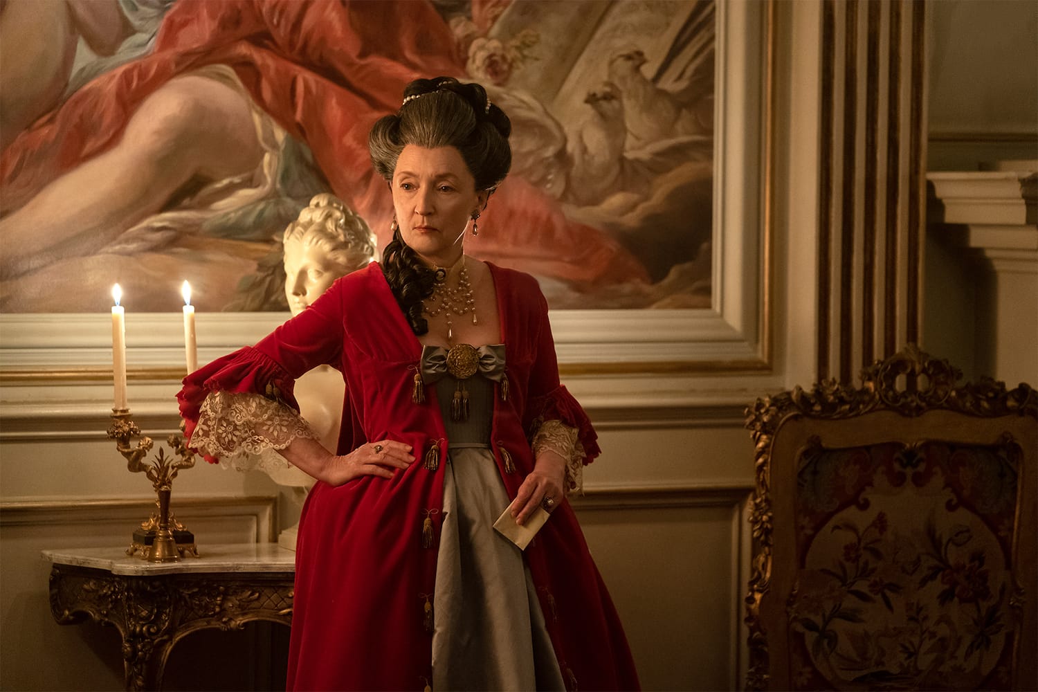 Genevieve de Merteuil (Lesley Manville). She's rich and powerful but still vulnerable to blackmail.