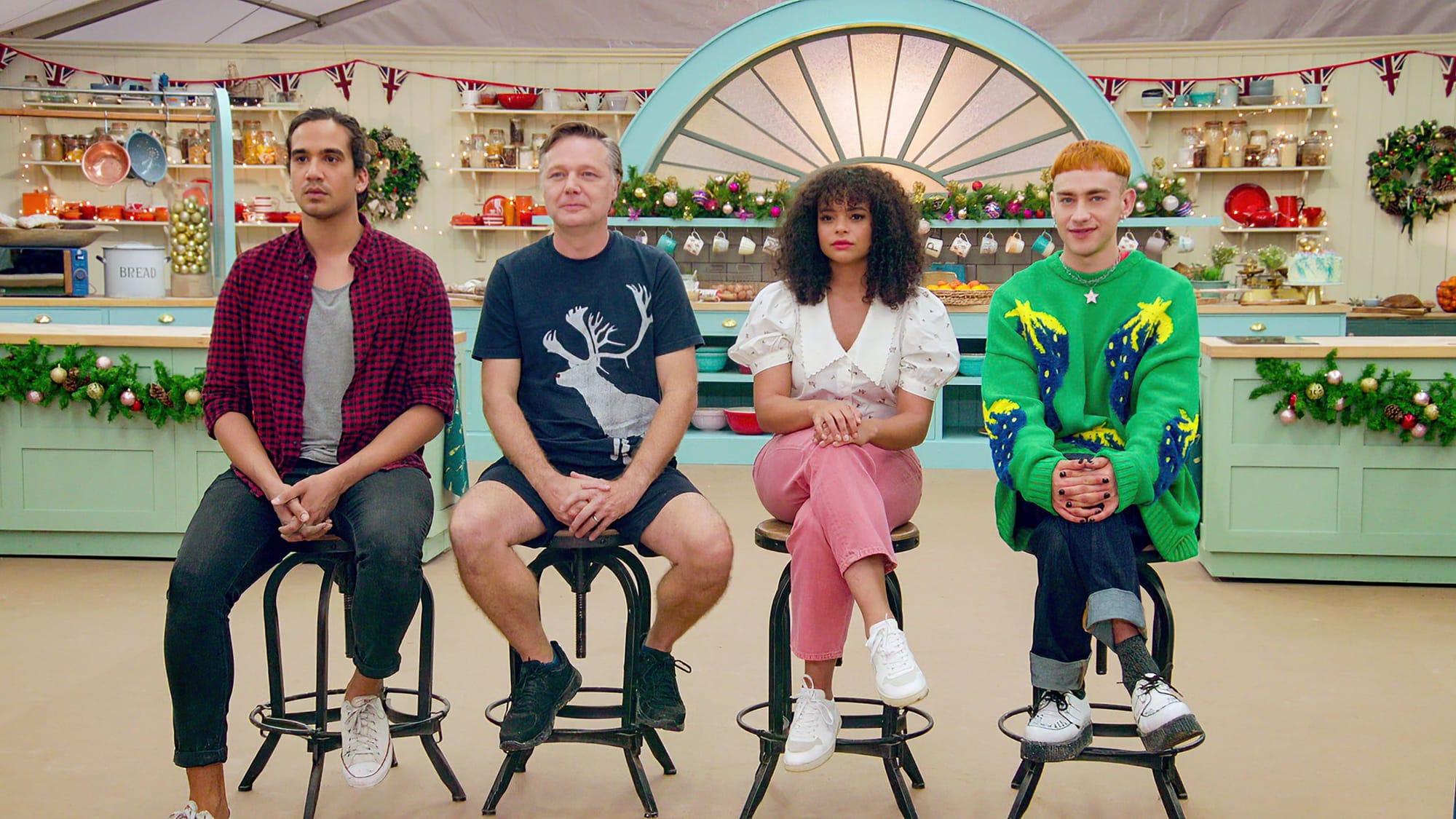 Nathaniel Curtis, Shaun Dooley, Lydia West, and Olly Alexander in 'The Great British Baking Show: Holidays' Season 5&nbsp;