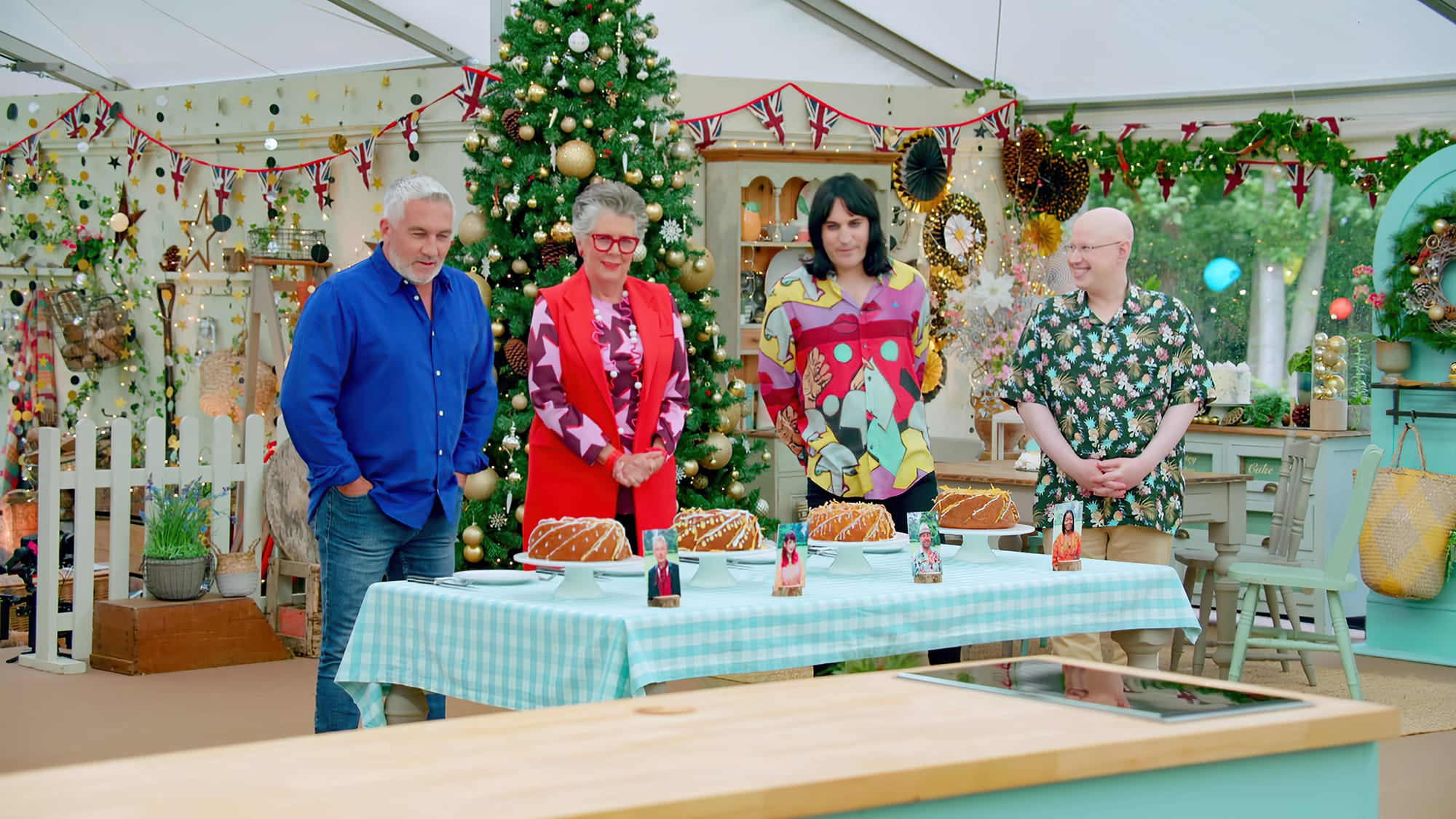 Paul and Prue judge the Technical Bakes of Hermine, Kim-Joy, Matt Lucas, Rowan, and Jon in 'The Great British Baking Show: Holidays' Season 5&nbsp;