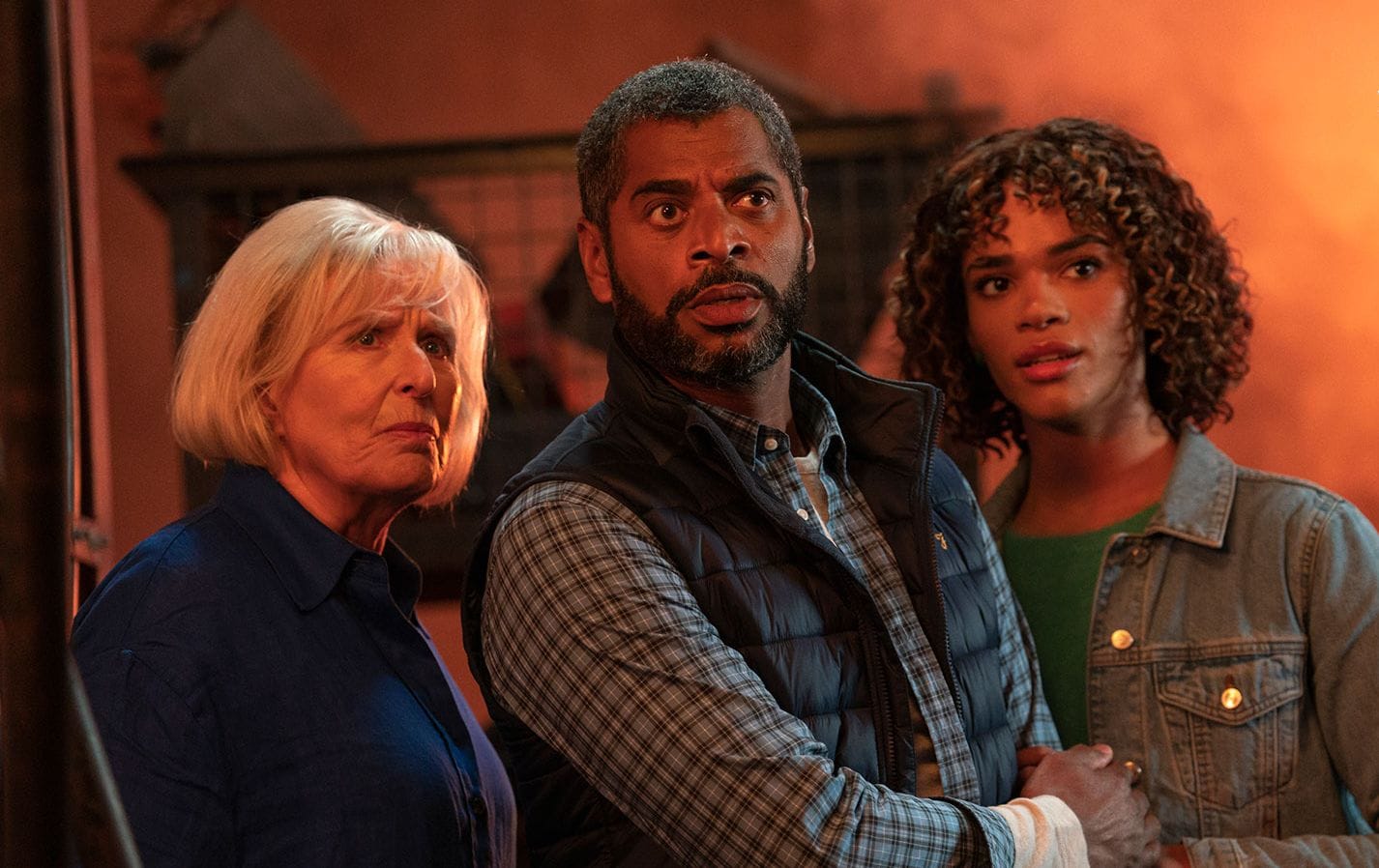 Jacqueline King as Sylvia Noble, Karl Collins as Shaun Temple, and Yasmin Finney as Rose in the 60th Anniversary specials.