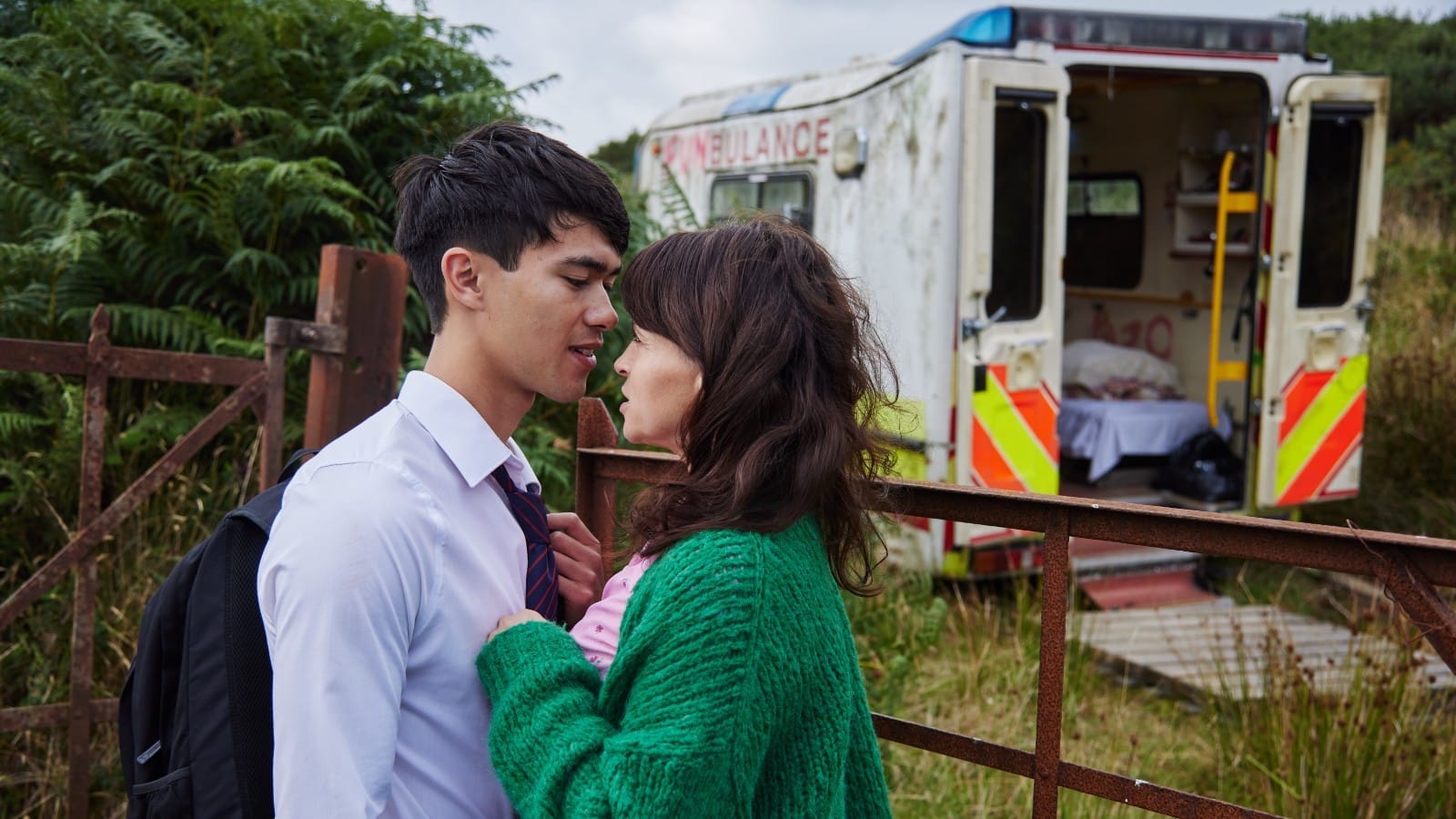 Evelyn Ross (Charlene McKenna) and Stephen Hickey (Sky Yang).