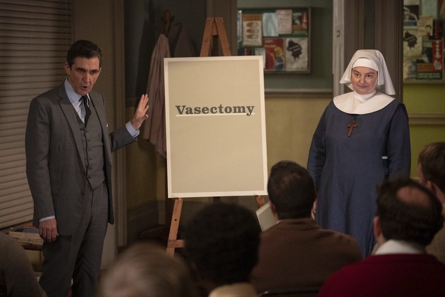 Dr. Patrick Turner (Stephen McGann) and Sister Veronica (Rebecca Gethings) educate Poplar dads.