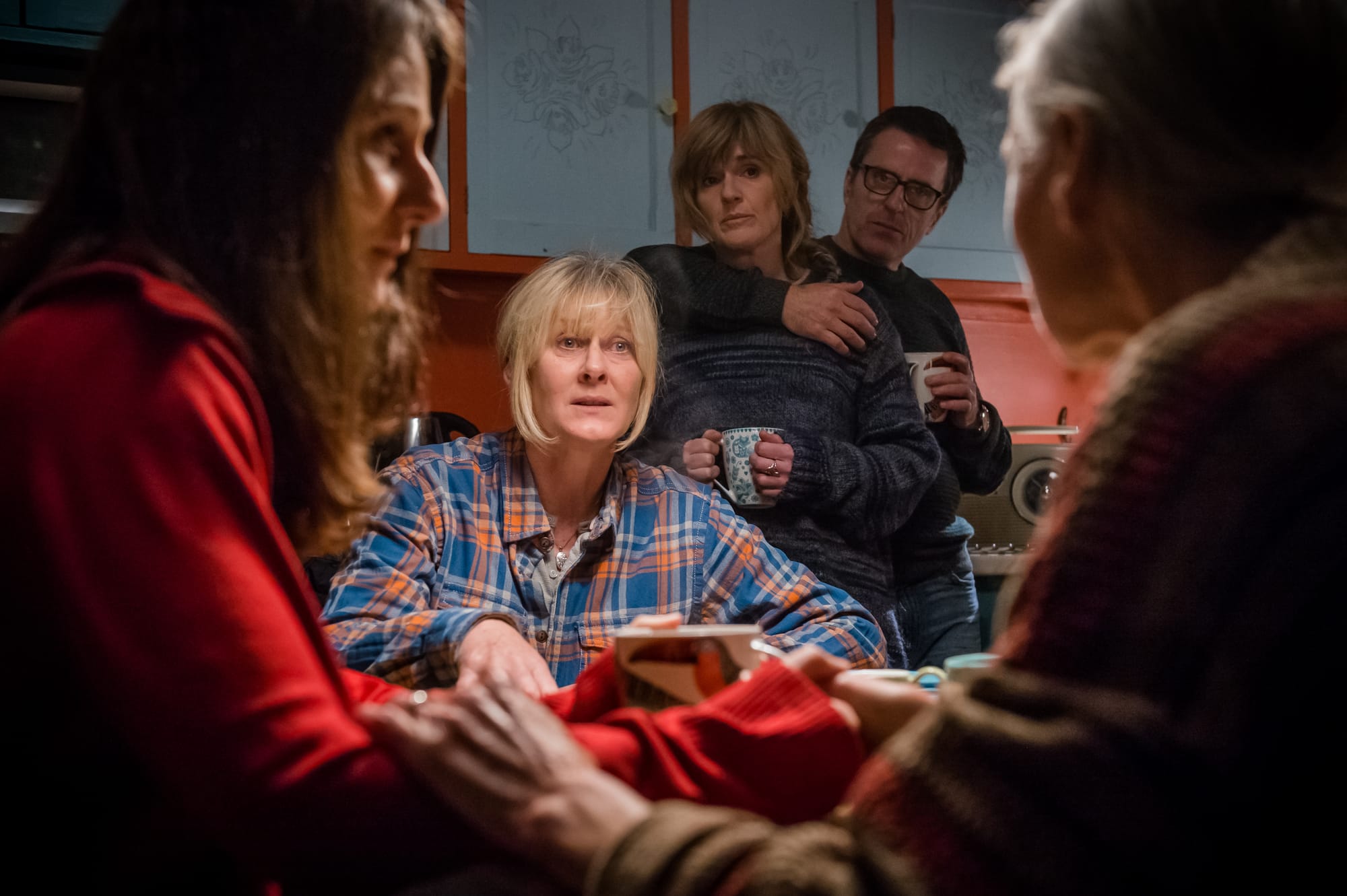 Sarah Lancashire as Catherine, Siobhan Finneran as Clare, Con O'Neill as Neil Ackroyd, Angela Pleasence as Winnie, and Ivana Basic as Ilinka Blazevic in Happy Valley Season 2
