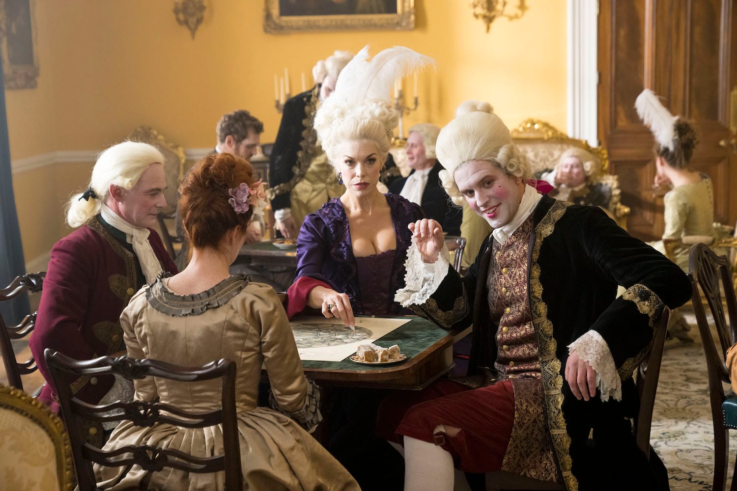 &nbsp;Lady Bellaston (Hannah Waddingham) and Lord Fellamar (Tom Durant-Pritchard).