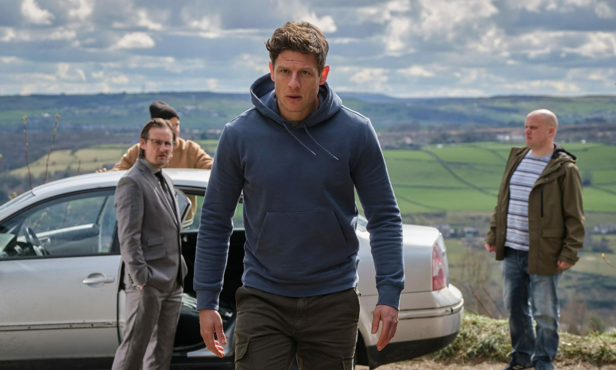 Anthony Flanagan as Viktor, Greg Kolpakchi as Zeljko, and James Norton as Tommy Lee Royce in Happy Valley Season 3