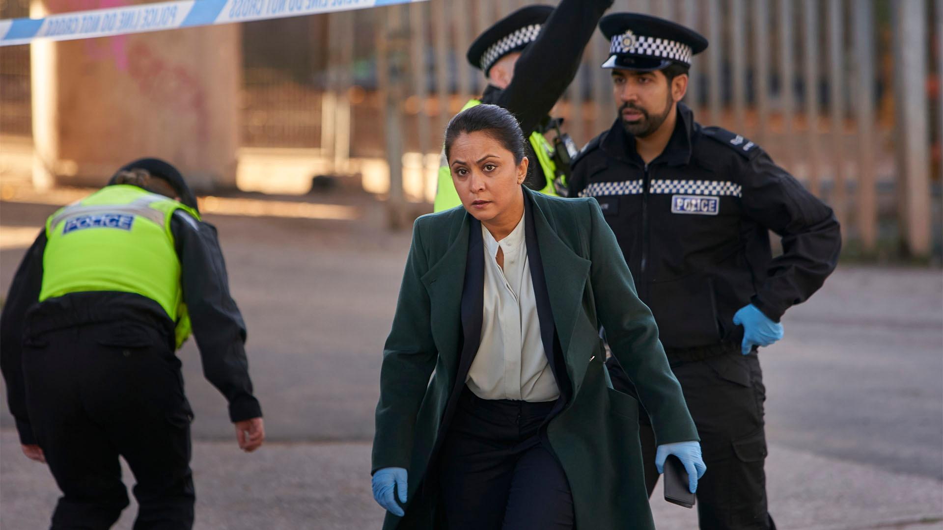 DI Rachita Ray (Parminder Nagra) at the scene of a crime in the second episode of DI Ray.