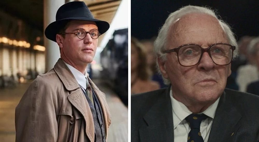 Johnny Flynn as young&nbsp;Nicholas Winton and Anthony Hopkins as elderly&nbsp;Nicholas Winton in 'One Life'