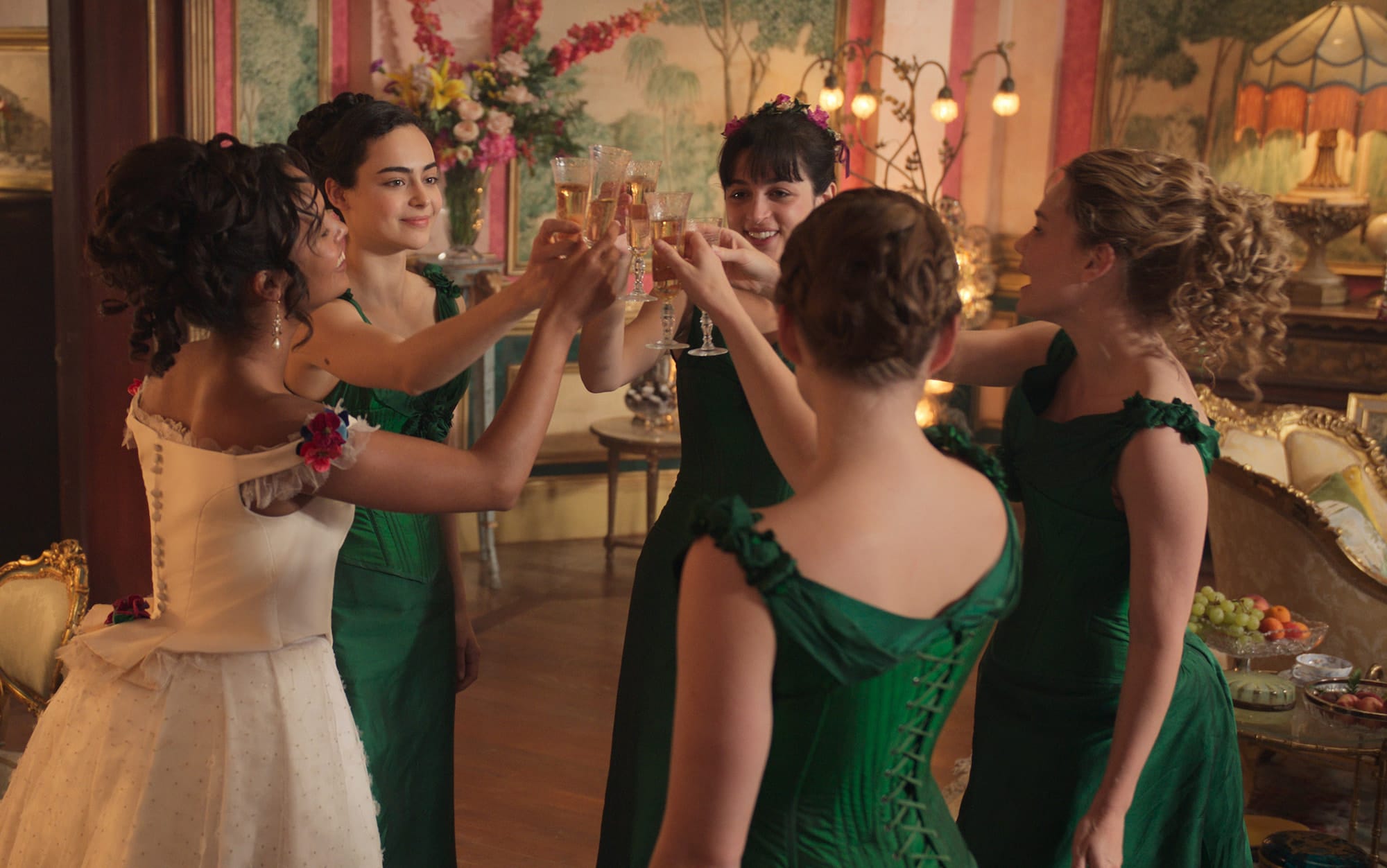 . Kristine Frøseth, Alisha Boe, Josie Totah, Aubri Ibrag and Imogen Waterhouse in "The Buccaneers"