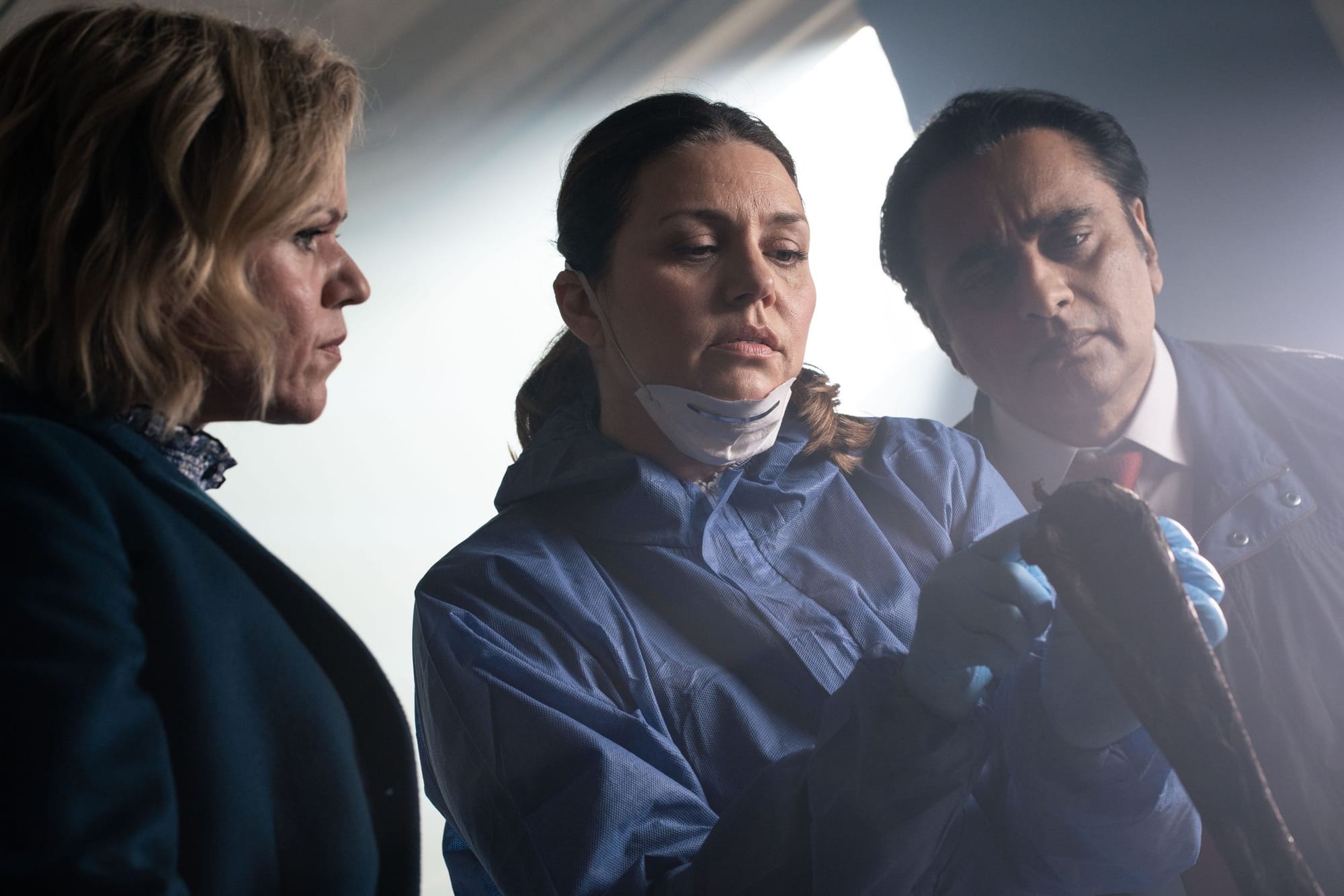 Sinéad Keenan as DCI Jess James,&nbsp;Georgia Mackenzie as Dr. Leanne Balcombe, and&nbsp;Sanjeev Bhaskar as DC Sunny Khan in 'Unforgotten' Season 5