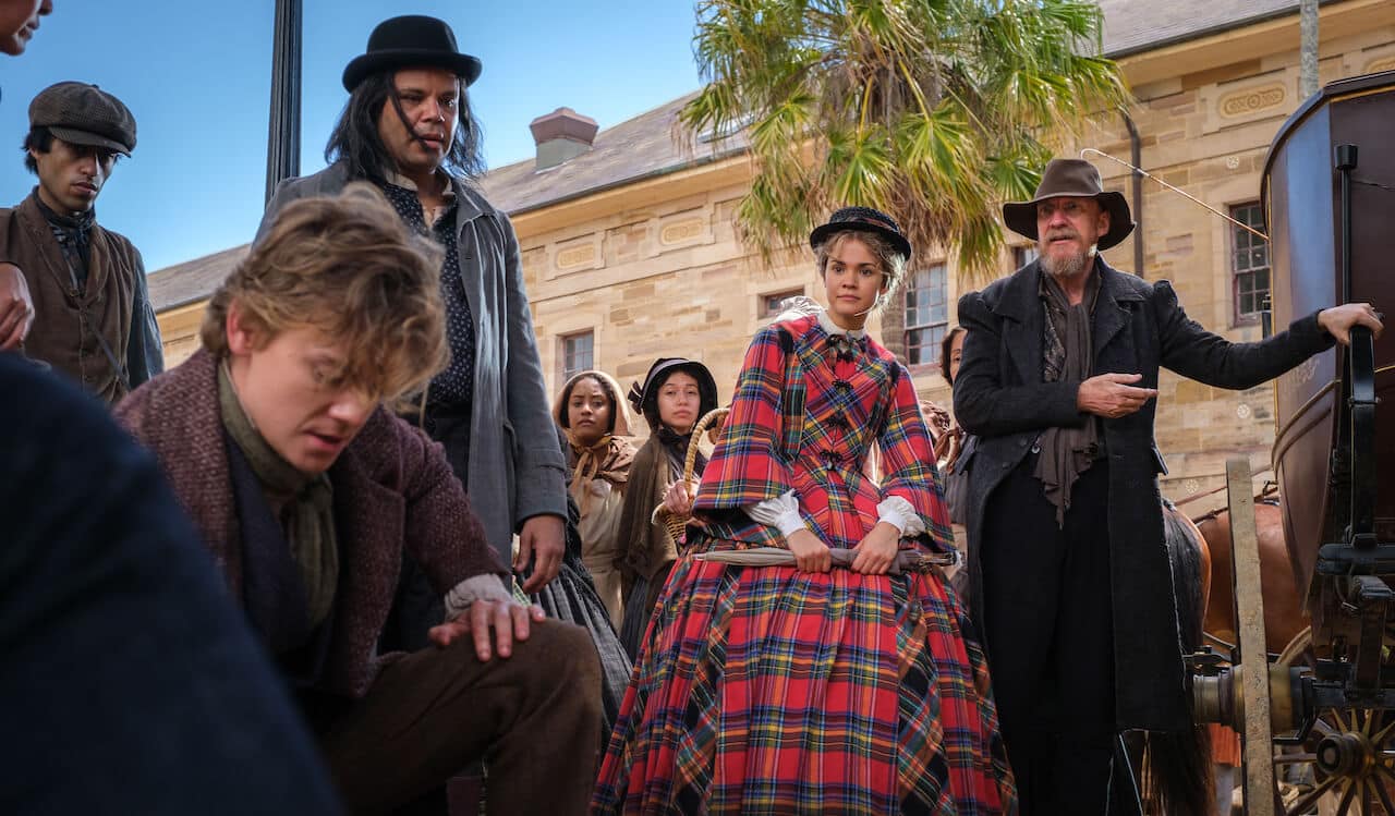 Maia Mitchell as Lady Belle Fox, David Thewlis as Fagin, and Thomas Brodie Sangster as Jack in The Artful Dodger