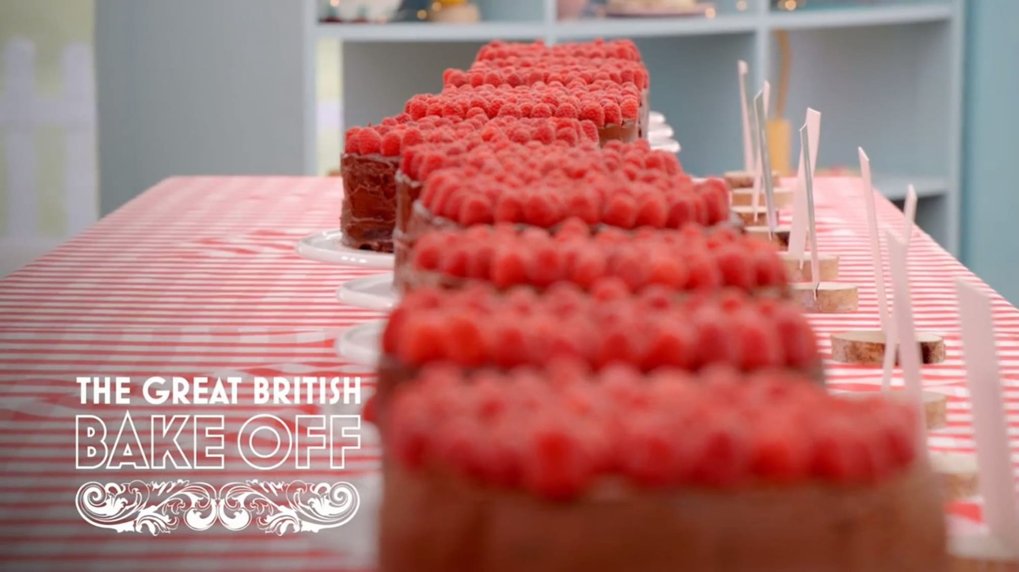 All of the chocolate fudge cakes lined up on the altar for the Cake Week&nbsp;Technical Challenge in The Great British Baking Show
