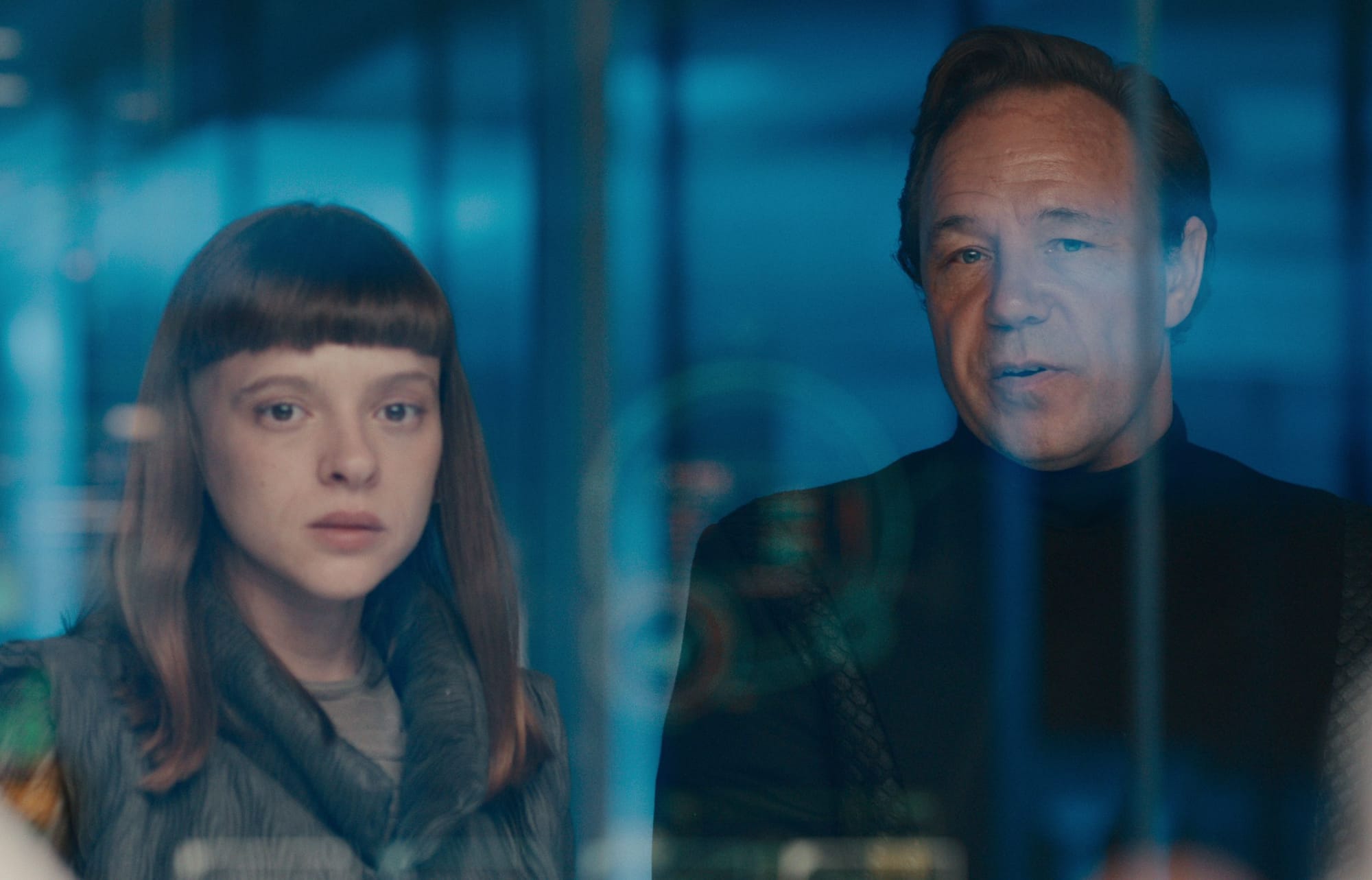 Shira Haas as Iris Maplewood and Stephen Graham as Elias Mannix in 2053 in 'Bodies'