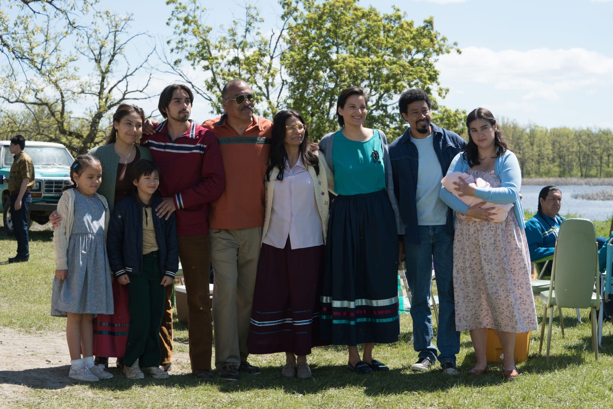 Aila-Sofia Tailfeathers as&nbsp;Maggie,&nbsp;Saul Elias as River, Ivana Yellowback as Yvonne, Braeden Clarke as Leo, Eric Schweig as Asin, Michelle Thrush as Brigit, Darla Contois as Esther, Mark Taylor as Doug and&nbsp;Imagyn Cardinal as Dora&nbsp;in 'Little Bird'