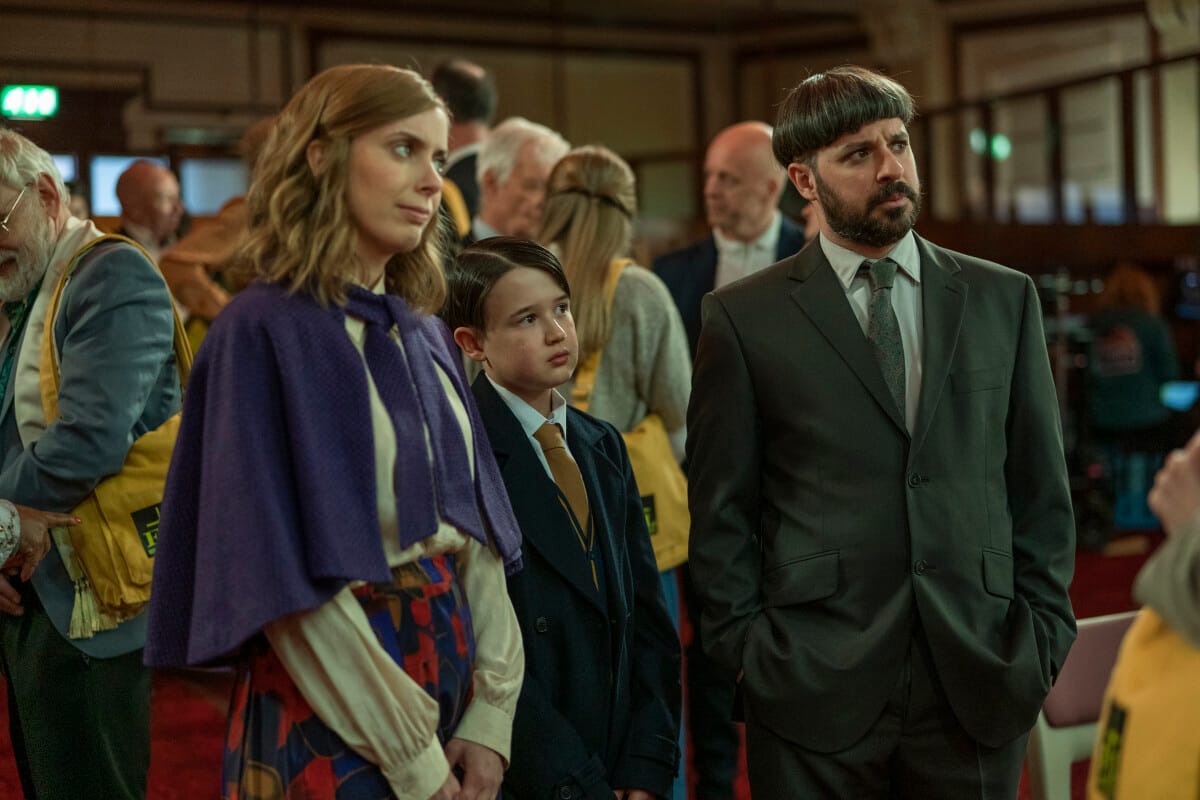 Simon Bird, Ali Khan, and Kate O'Flynn in "Everyone Else Burns" Season 1