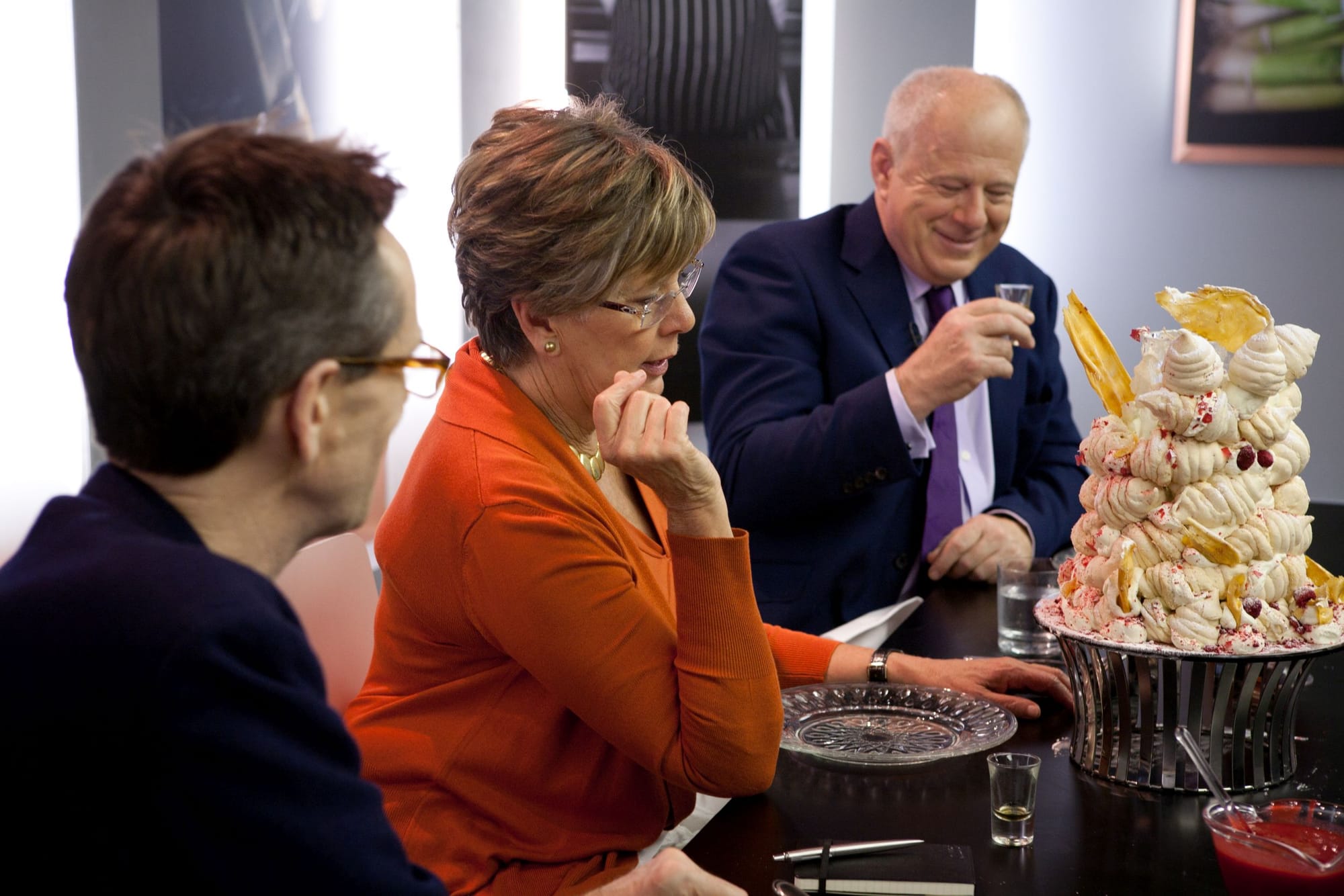 Judges Oliver Peyton, Prue Leith, and Matthew Fort taste Scotland's desserts in the 'Great British Menu' Season 6