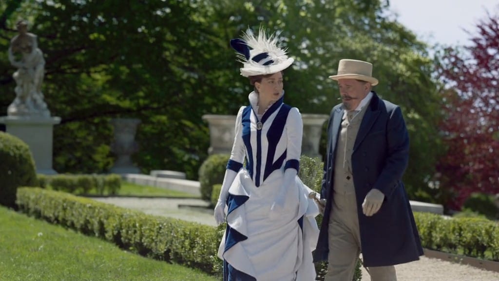 Carrie Coon as Bertha Russell and Nathan Lane as Ward McAllister in 'The Gilded Age' Season 2