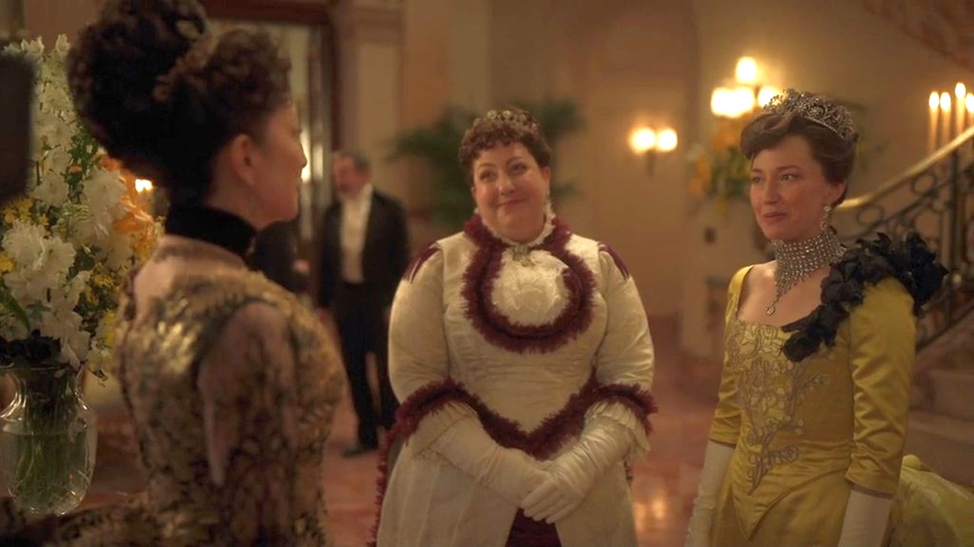 Donna Murphy as Mrs. Astor,&nbsp;Ashlie Atkinson as Mamie Fish, and Carrie Coon as Bertha Russell in 'The Gilded Age' Season 2&nbsp;