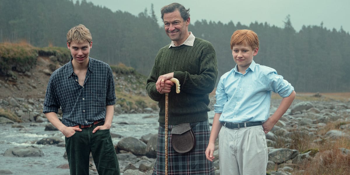 Prince William (Ed McVey), Prince Charles (Dominic West) and Prince Harry (Luther Ford).