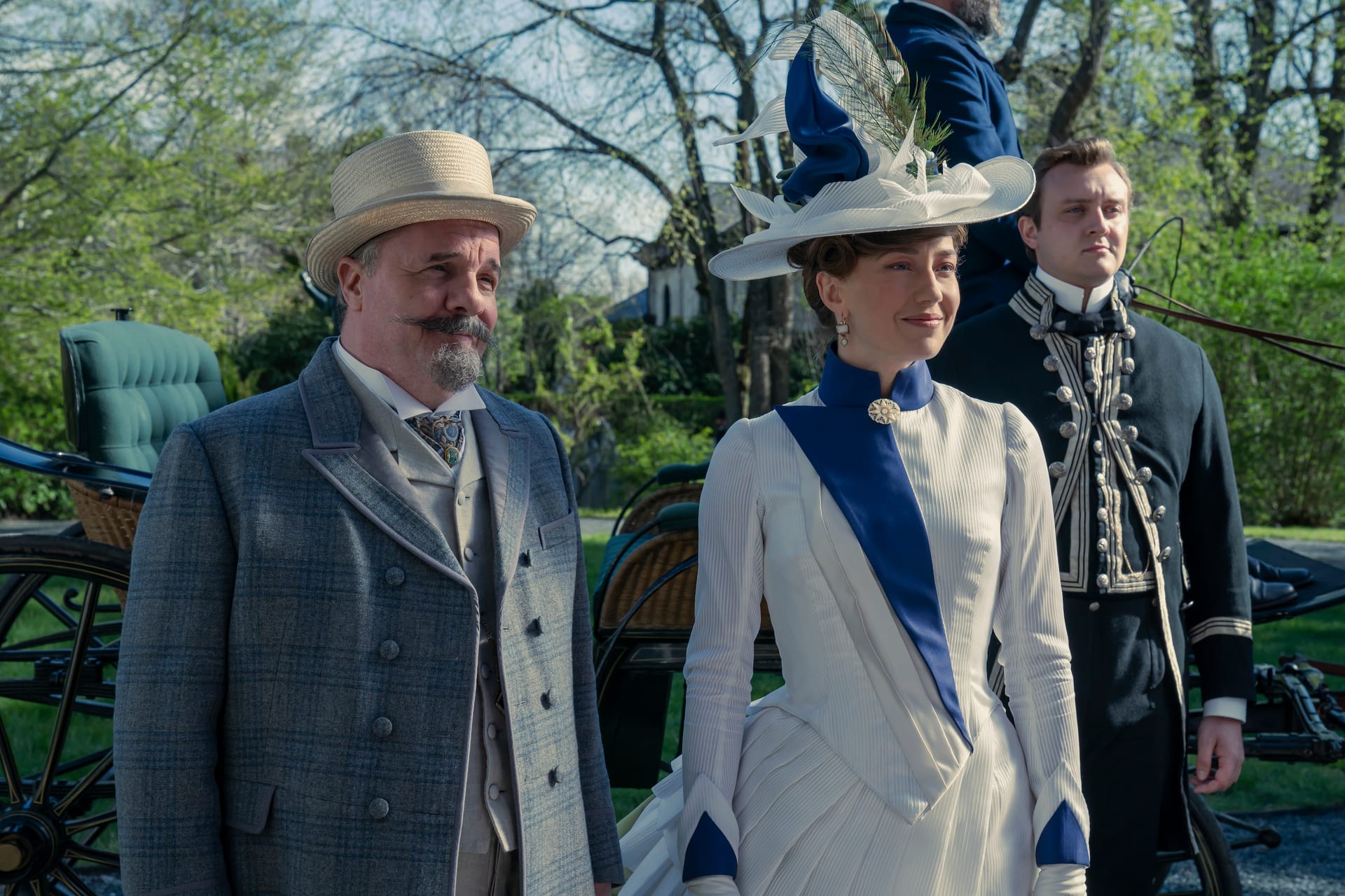Carrie Coon as Bertha Russell and Nathan Lane as Ward McAllister in&nbsp;The Gilded Age Season 2