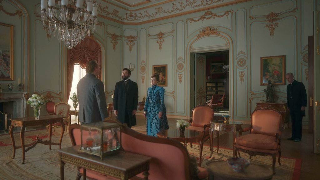 Carrie Coon as Bertha Russell, Morgan Spector as George Russell, Josh Davis as the Union Leader, and Jack Gilpin as the Butler Church in The Gilded Age Season 2