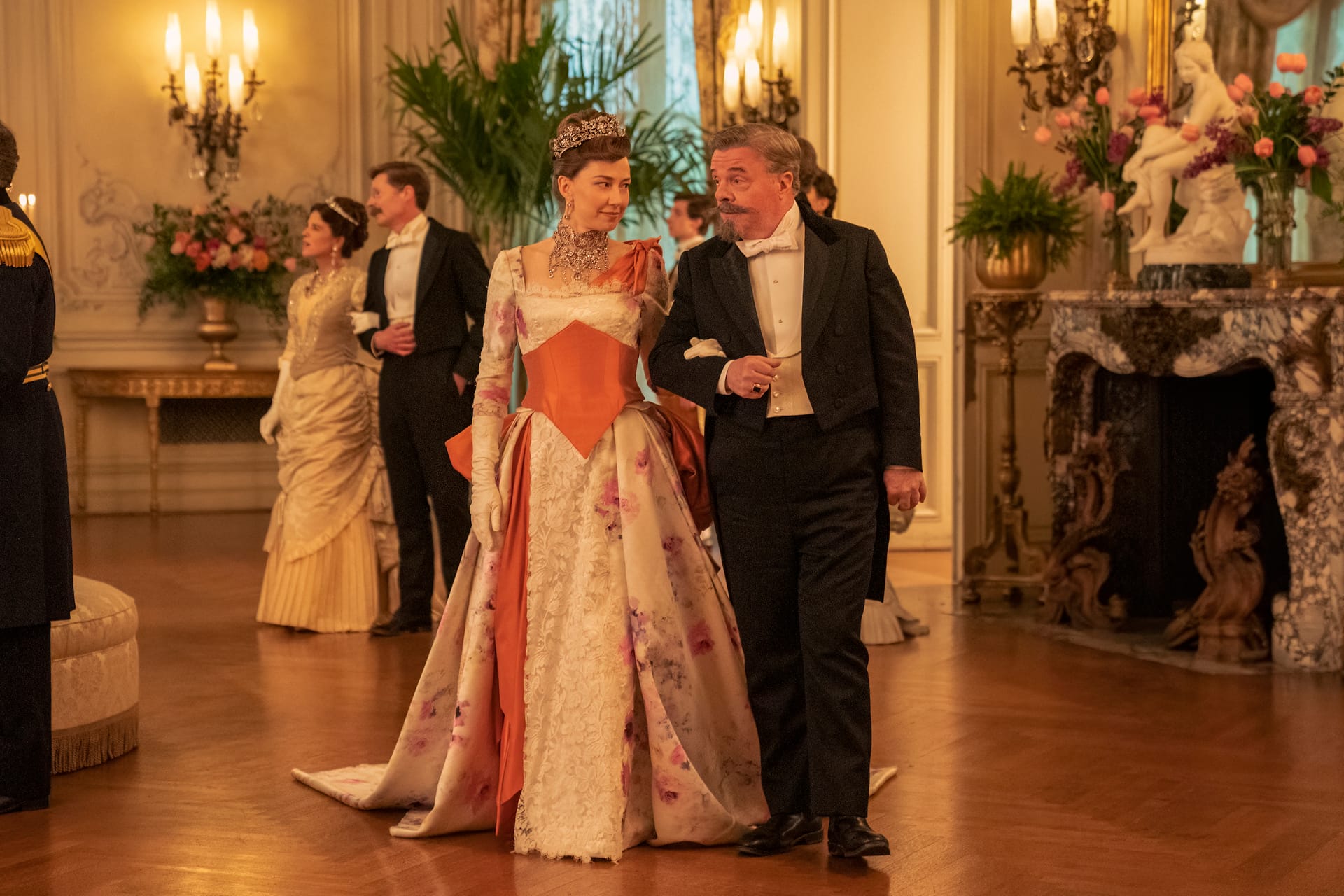 Carrie Coon as Bertha Russell and Nathan Lane as Ward McAllister in 'The Gilded Age' Season 2