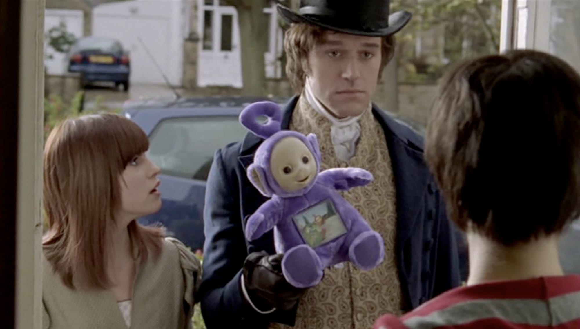 Jemima Rooper as Amanda Price is shocked to discover Elliot Cowan as Fitzwilliam Darcy in Lost In Austen