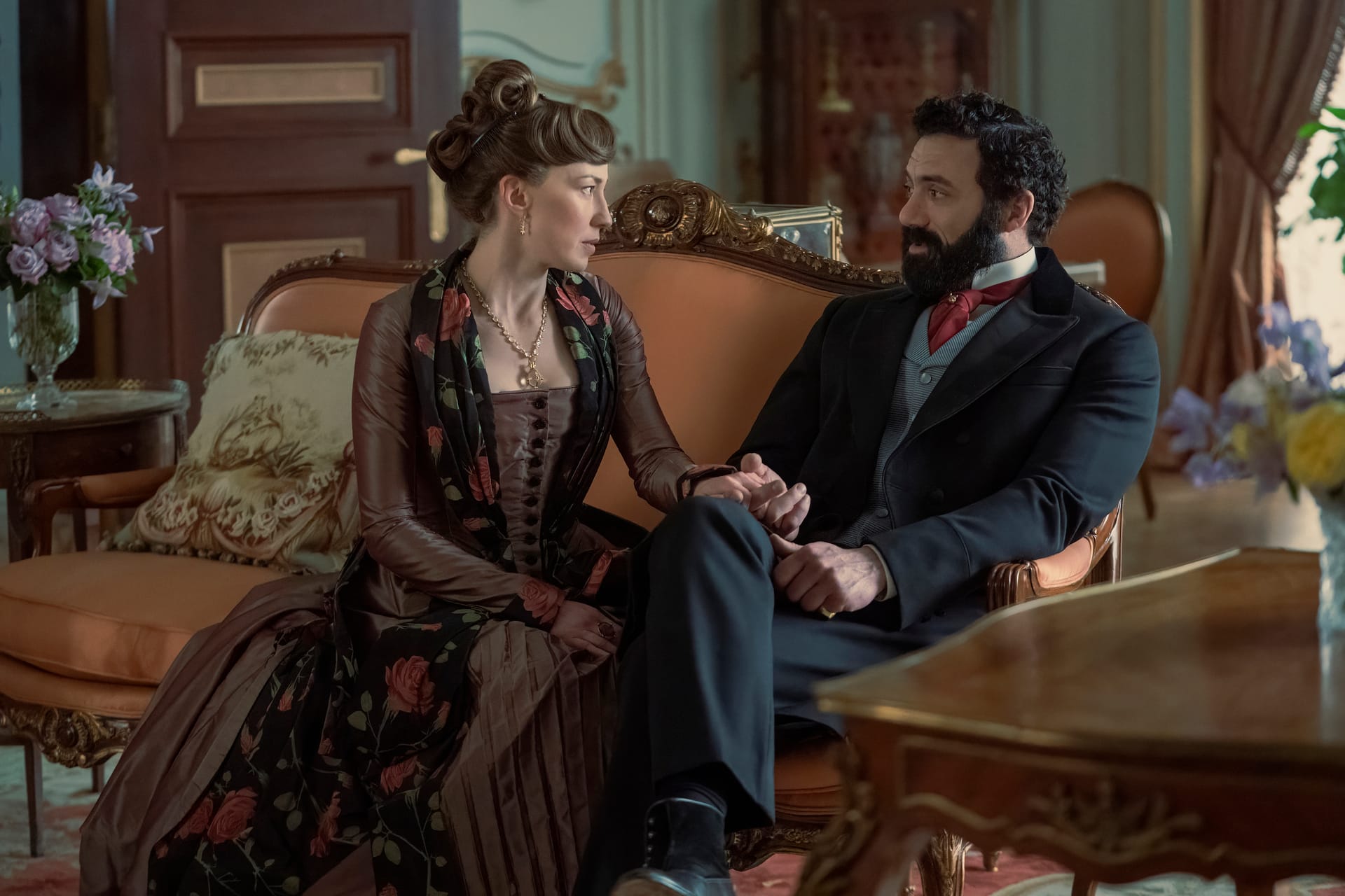 Carrie Coon and Morgan Spector as Bertha and George Russell in 'The Gilded Age' Season 2