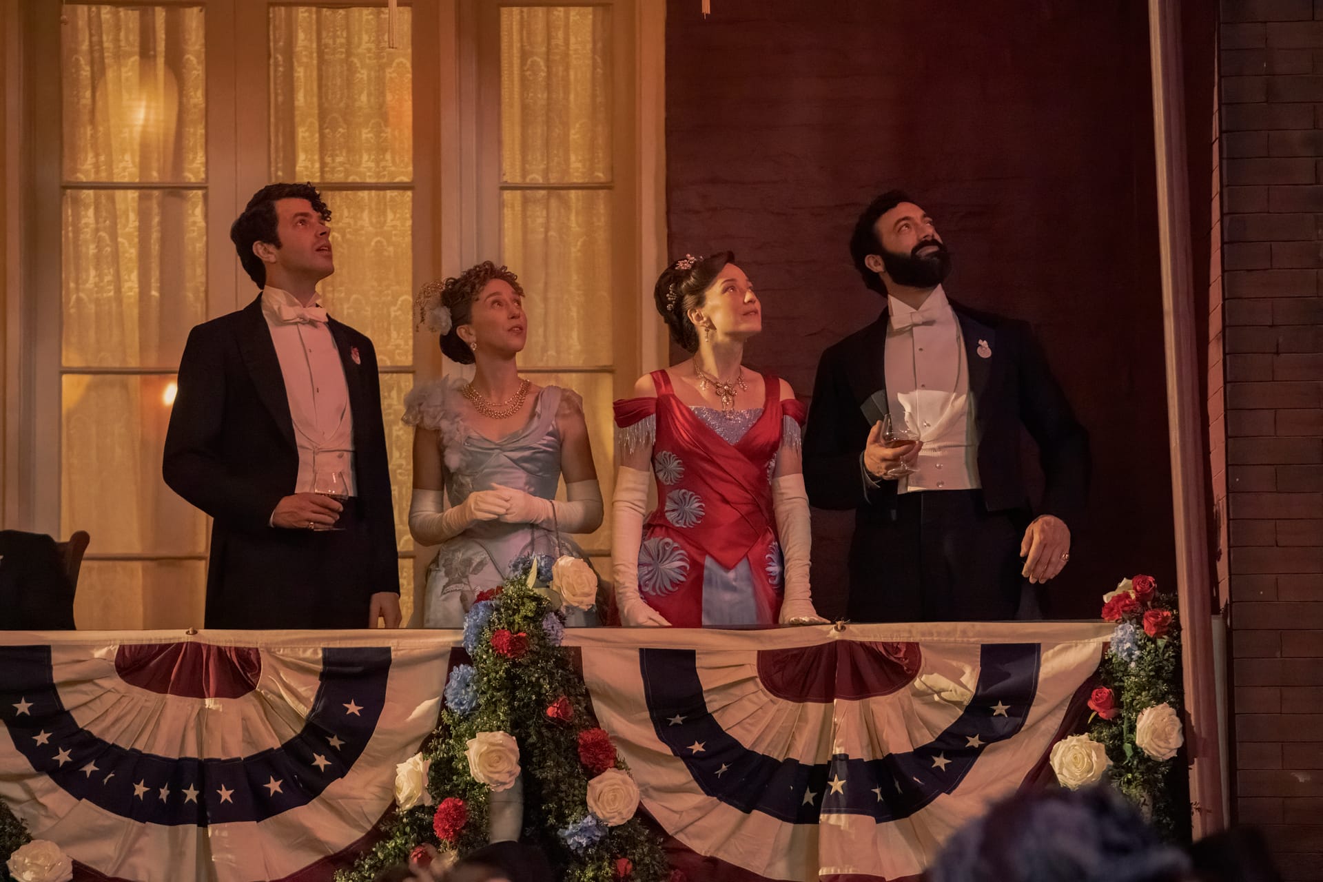 Harry Richardson, Taissa Farmiga, Carrie Coon, and Morgan Spector as the Russell family in 'The Gilded Age' Season 2