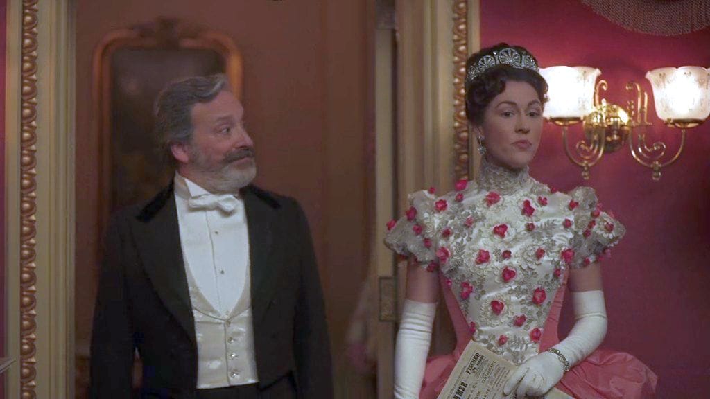 Jeremy Shamos as Mr. Gilbert and Kelley Curran as Mrs. Winterbottom in her box in The Gilded Age Season 2 finale