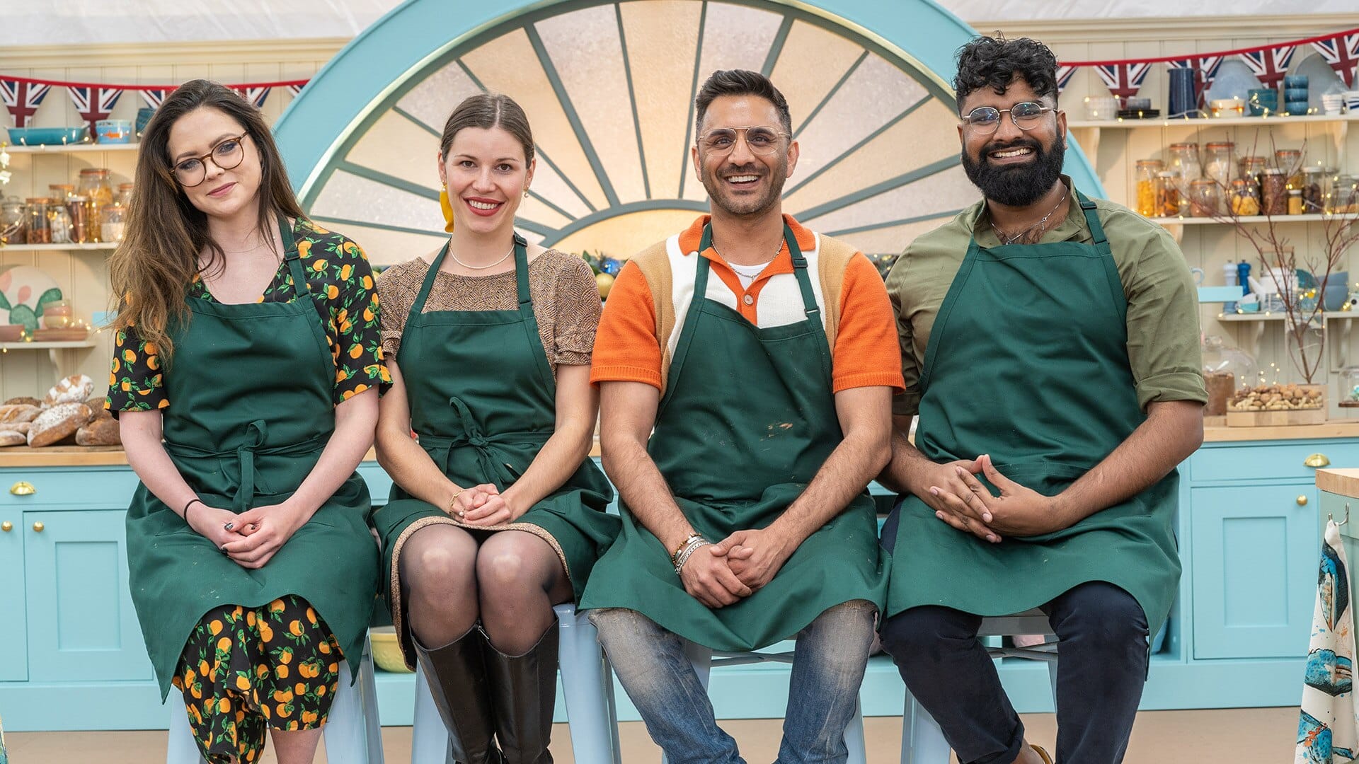 Lottie Bedlow, Manon Lagrève, Chigs Parmar, and Antony Amourdoux in 'The Great Festive Baking Show 2023'&nbsp;