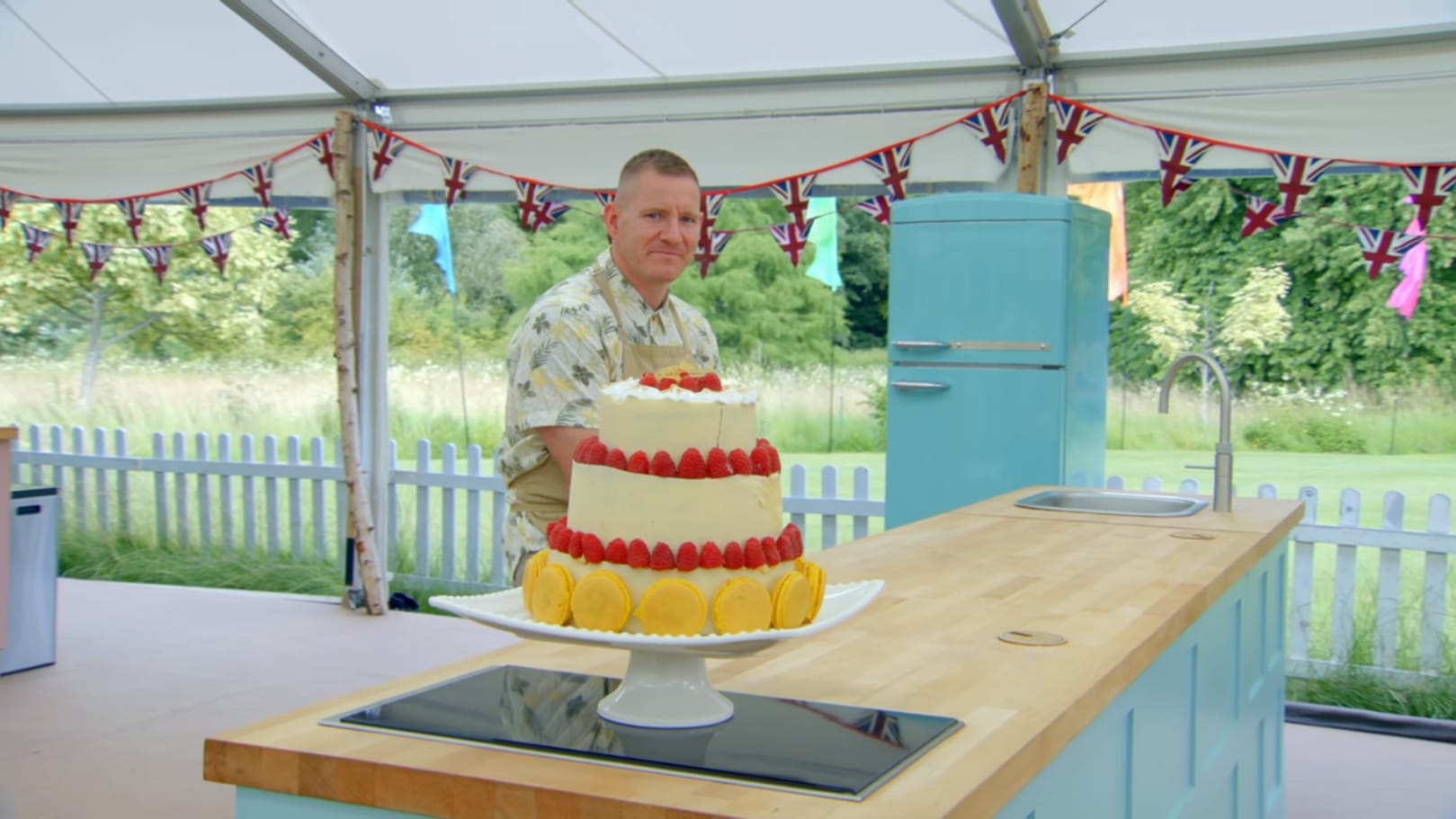 Dan with his Lemon Drizzle Memory Lane Showstopper Cake from 'The Great British Baking Show' Season 14's Grand Final
