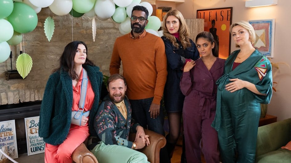 Aisling Bea, Colin Hoult, Romesh Ranganathan, Jessica Knappett, Mandeep Dhillon, Lisa McGrillis in 'Avoidance' Season 2