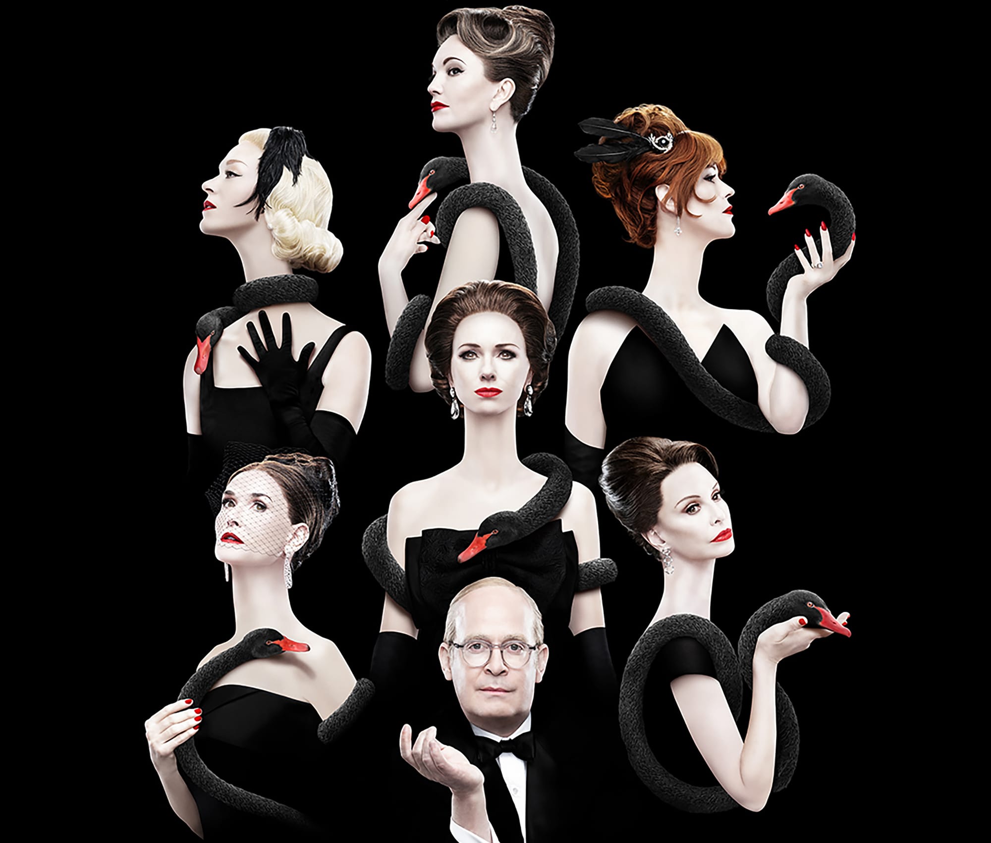 The Feud: Capote Vs. The Swans Ensemble from down left clockwise: Demi Moore as Ann Woodward, Chloë Sevigny as CZ Guest, Diane Lane as Slim Keith, Molly Ringwald as Joanne Carson, Calista Flockhart as Lee Radziwill, Naomi Watts as Barbara Paley and Tom Hollander as Truman Capote.