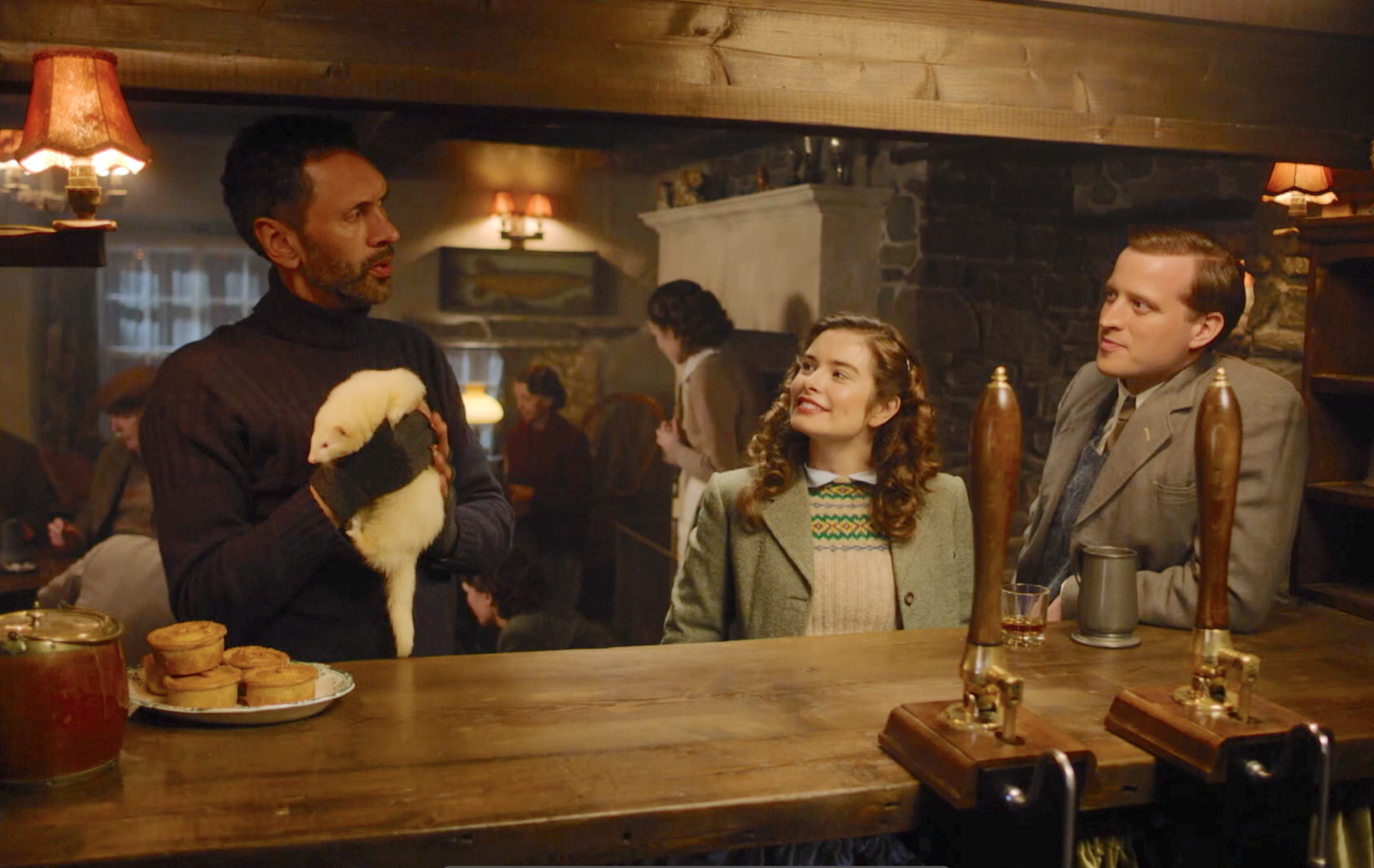 Joe Coney (Paul Bazely) and his ferret, Helen Herriot (Rachel Shenton), James Herriot (Nicholas Ralph).