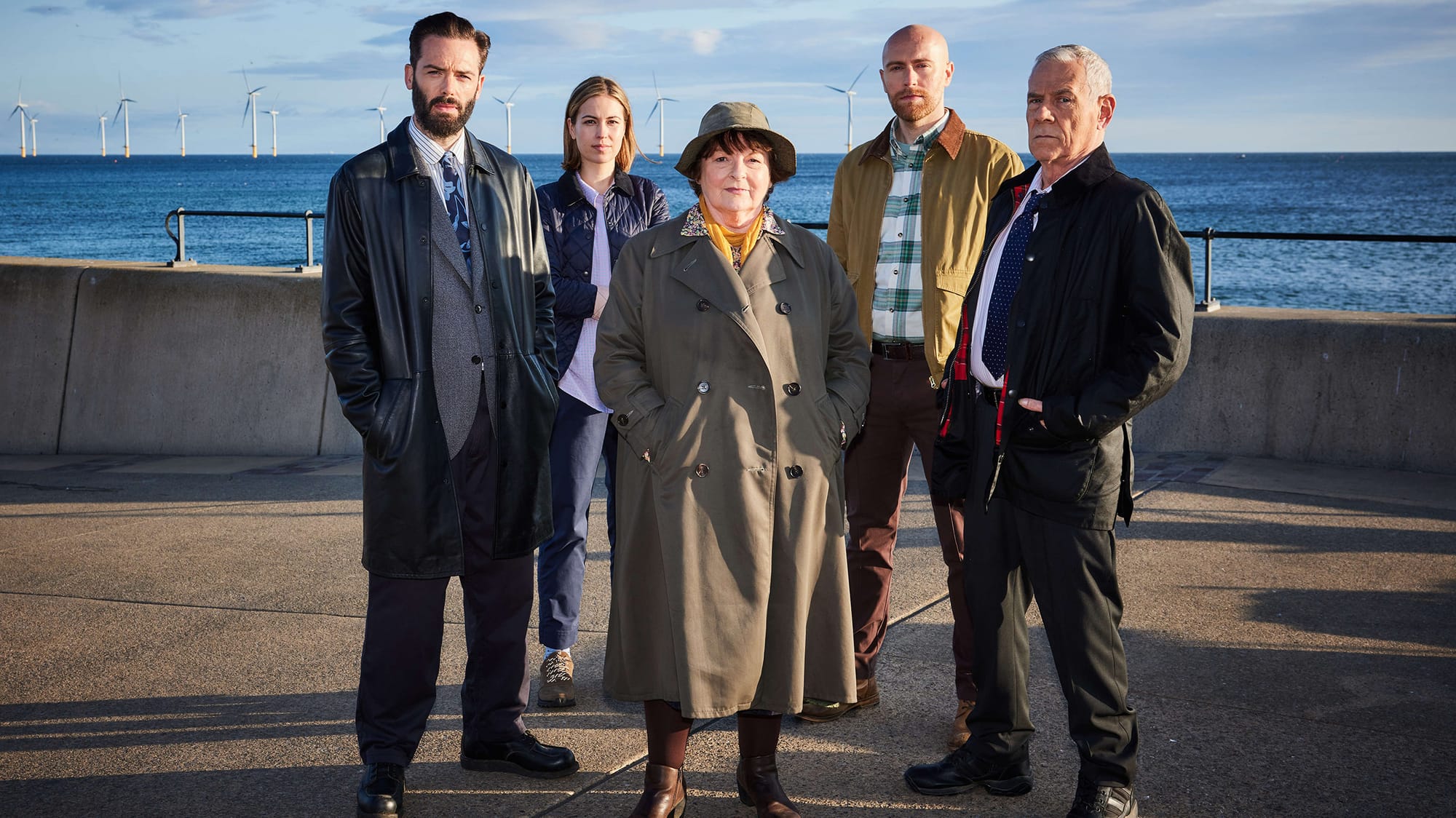 David Leon as DI Joe Ashworth, Rhiannon Clements as Steph, Brenda Blethyn as DCI Vera Stanhope, Riley Jones as DC Mark Edwards, and Jon Morrison as DS Kenny Lockhart in 'Vera' Season 13