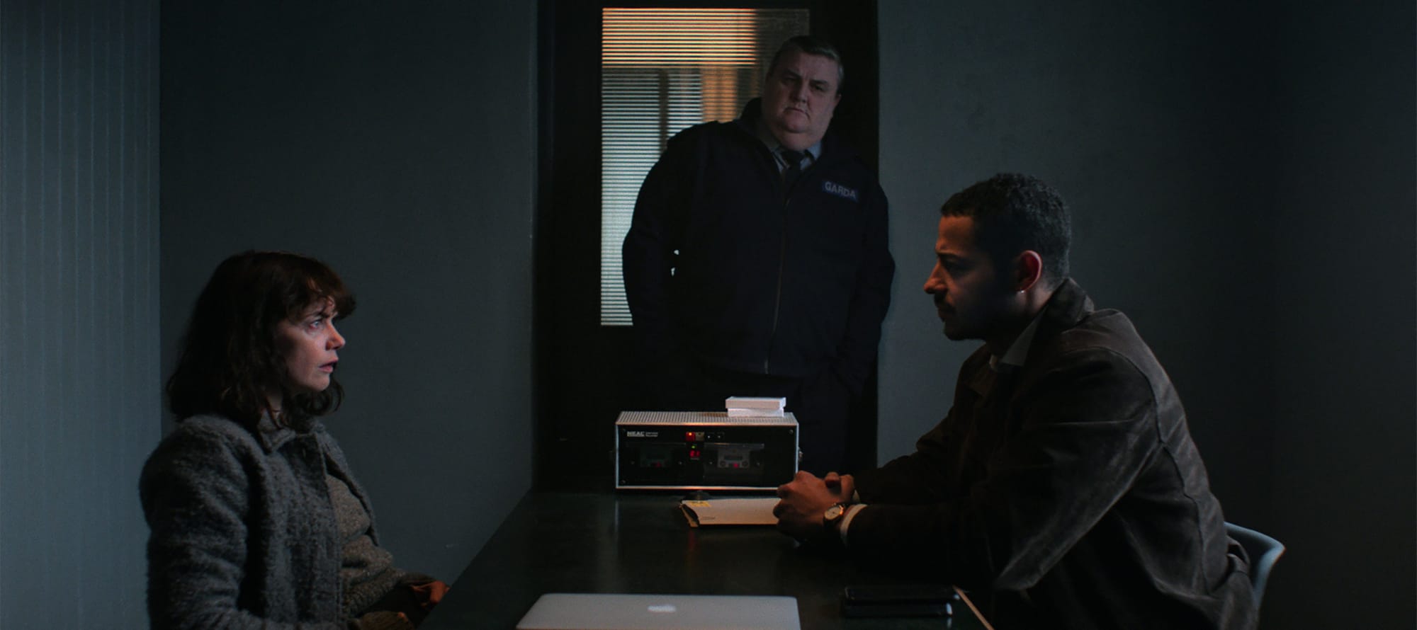 Ruth Wilson as Lorna, Simon Delaney as Massey and Daryl McCormack as Colman in The Woman in the Wall&nbsp;