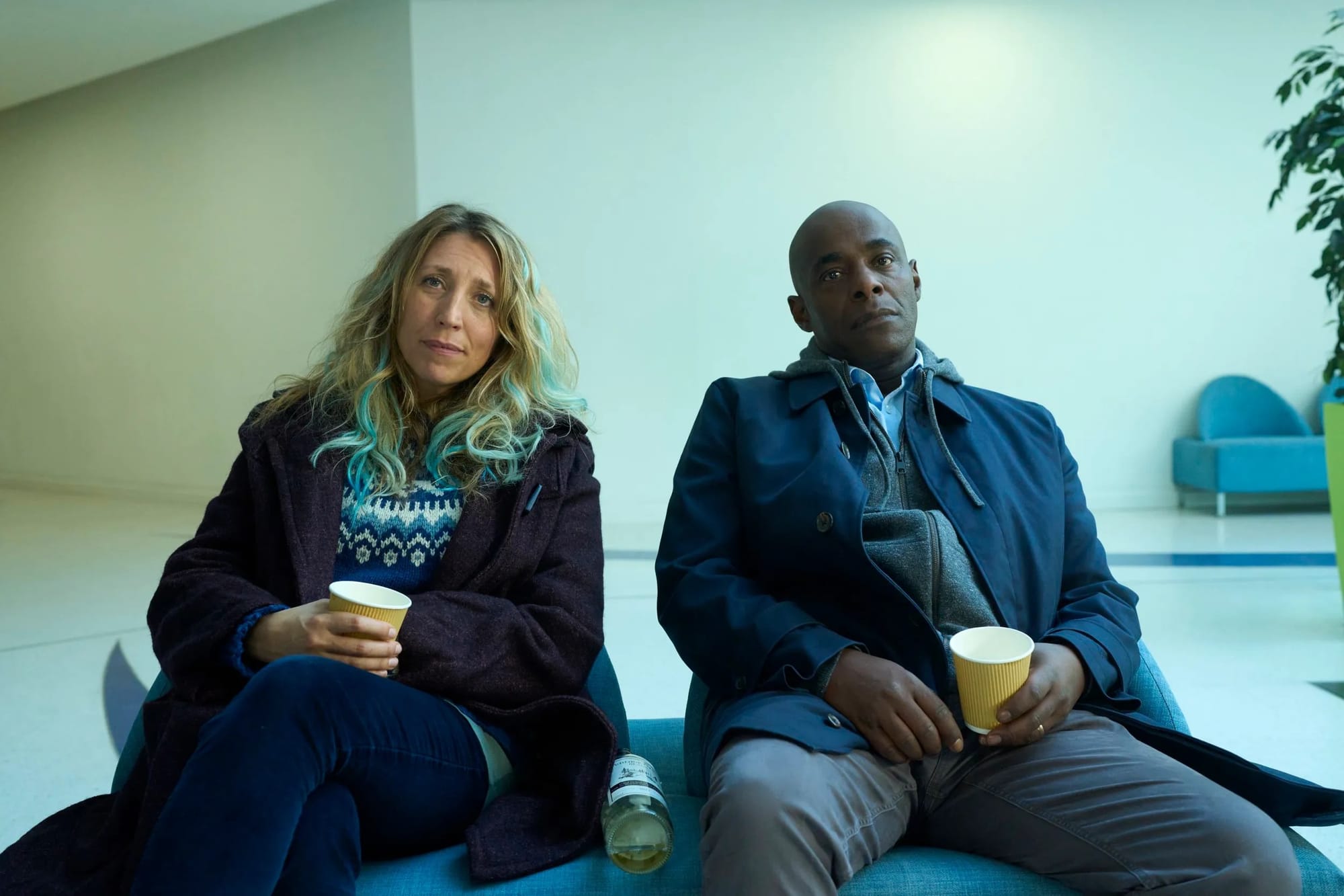 Daisy Haggard as Janet Campbell and Paterson Joseph as Samuel Wells sipping coffee in 'Boat Story'