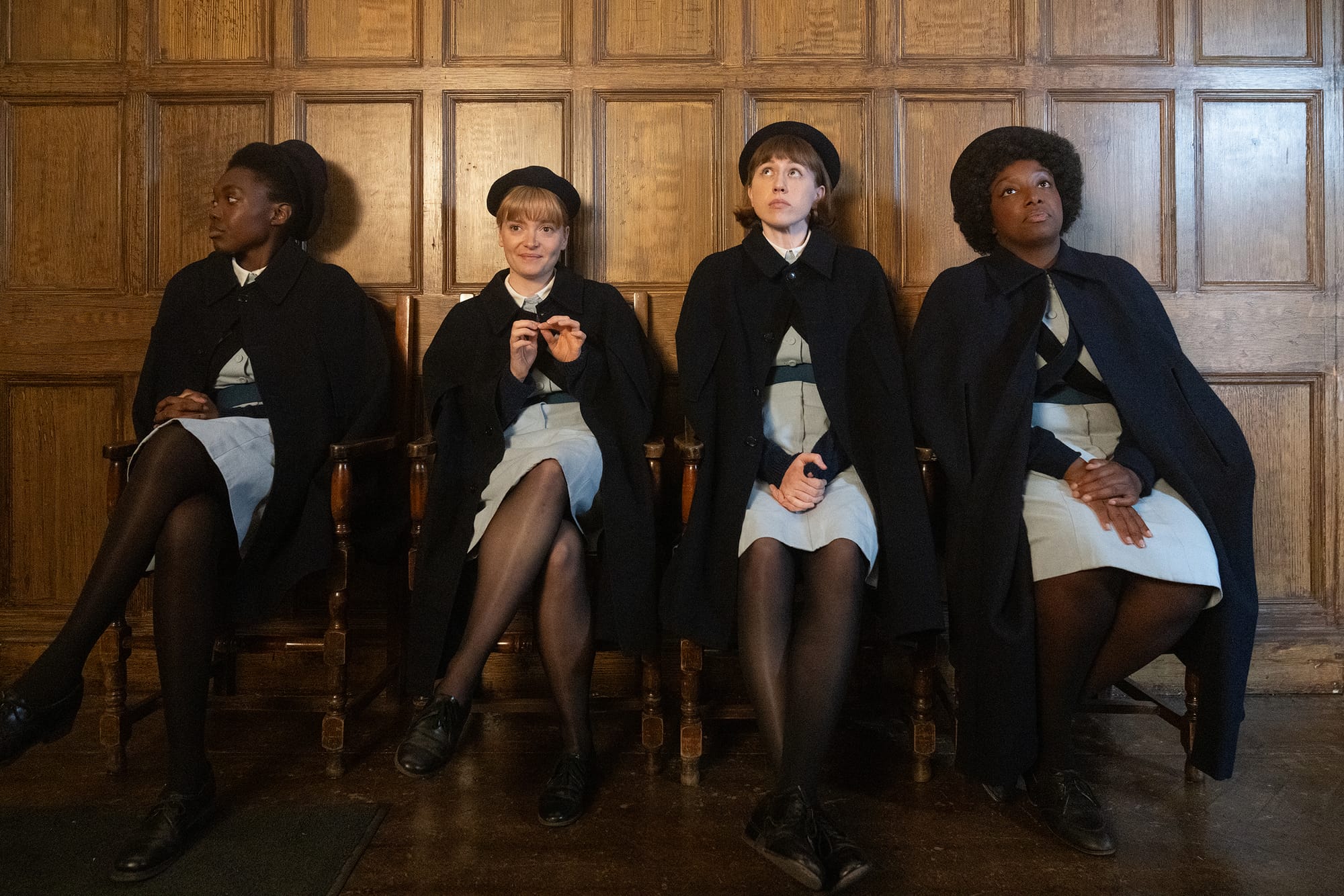 Shamia Phills as Norelle Morris, Natalie Quarry as Rosalind Clifford, Rachel Nicholson as Kathy Downes, and Renee Bailey as Joyce Highland in 'Call the Midwife' Season 13