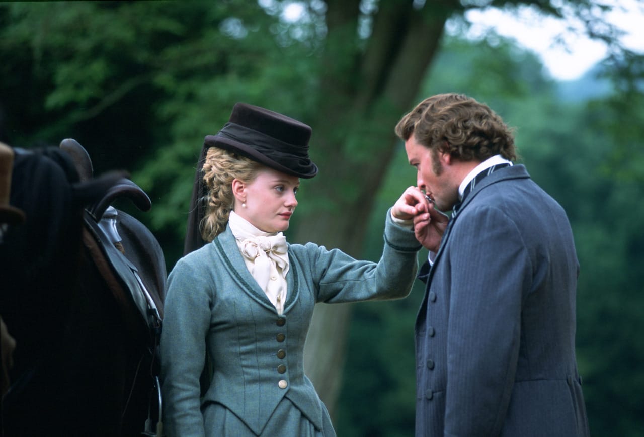 Grandcourt (Hugh Bonneville) and Gwendolyn Harleth (Romola Garai).